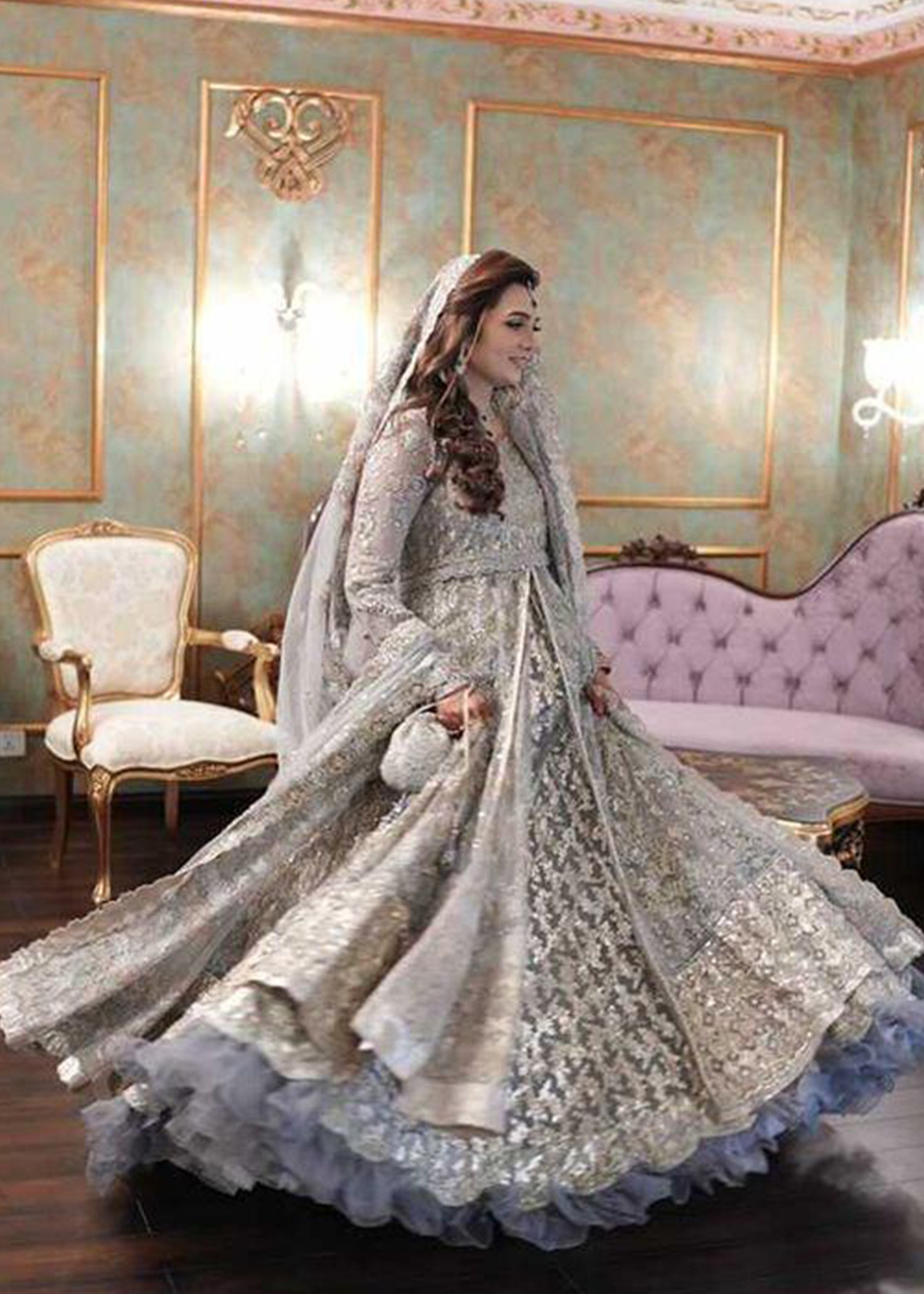 Pakistani Silver Grey Embellished Net Bridal Gown (2-Piece) - Image 14