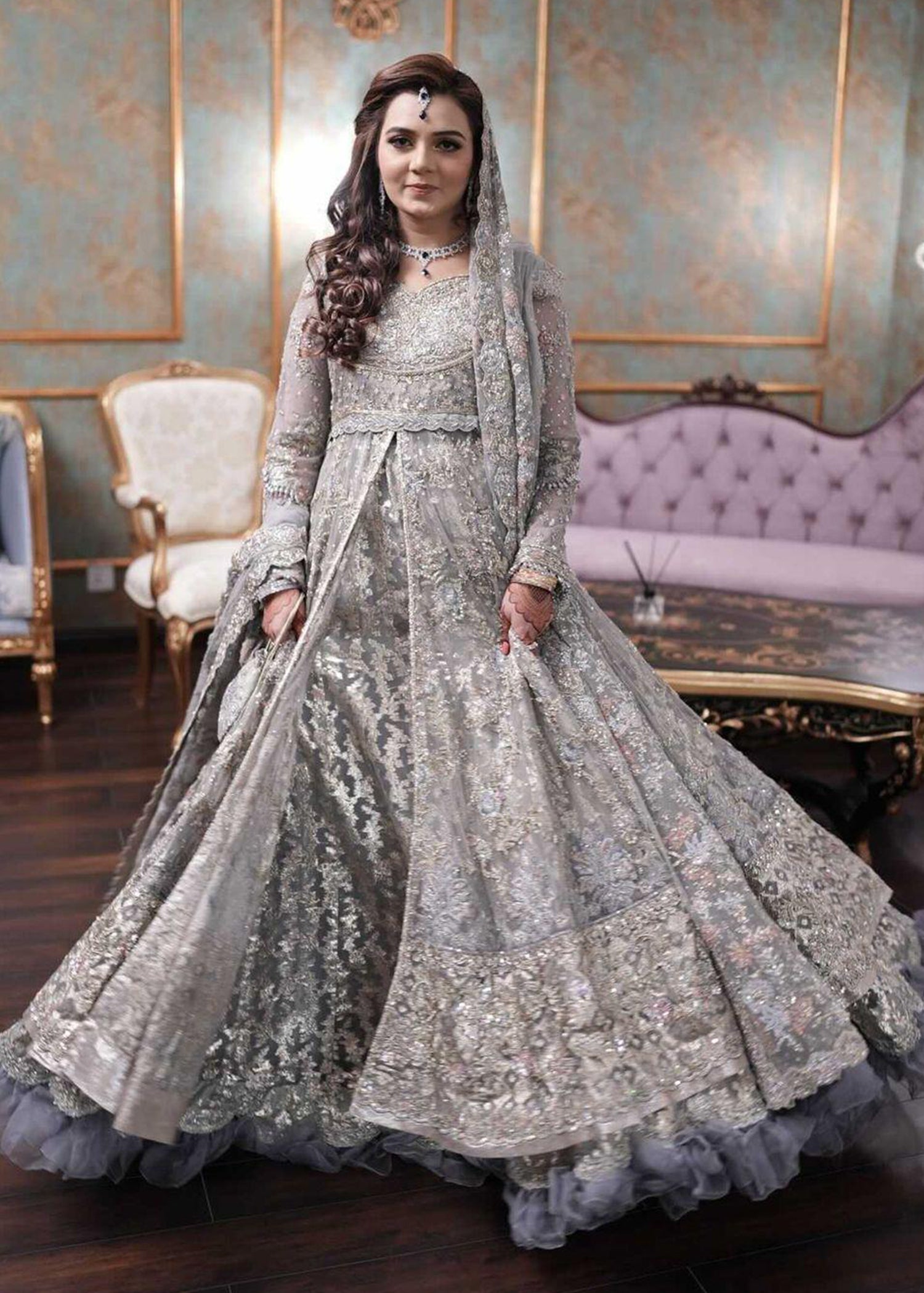 Pakistani Silver Grey Embellished Net Bridal Gown (2-Piece) - Image 15
