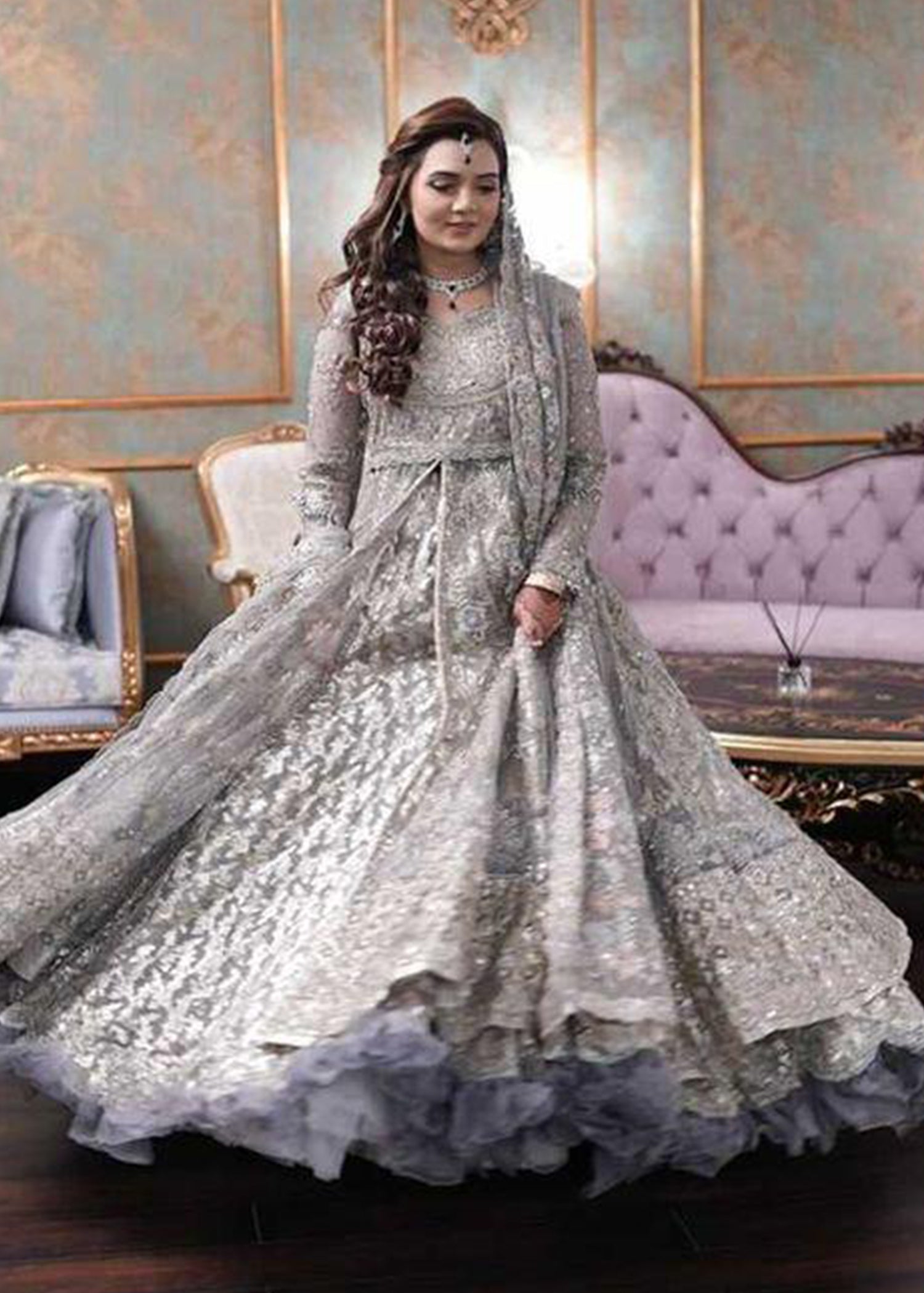 Pakistani Silver Grey Embellished Net Bridal Gown (2-Piece) - Image 16
