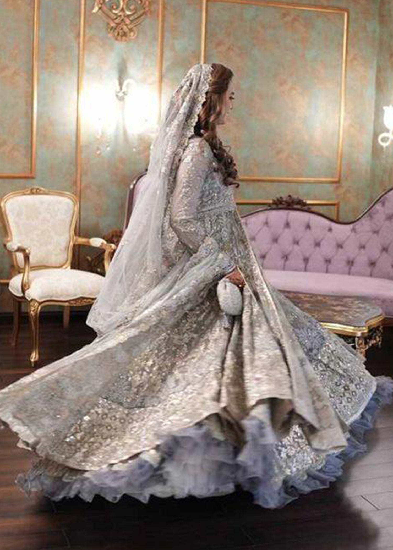 Pakistani Silver Grey Embellished Net Bridal Gown (2-Piece) - Image 17