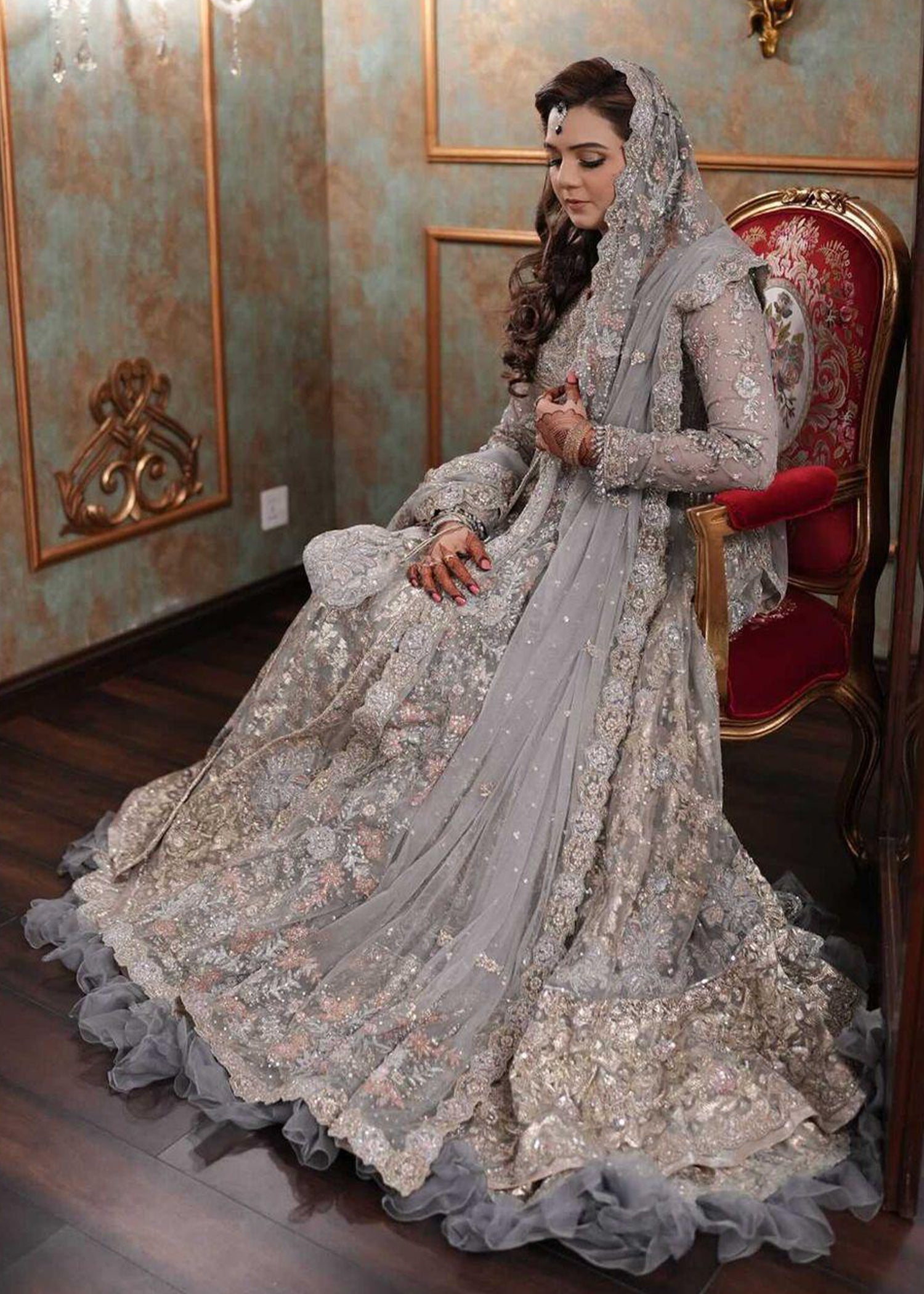 Pakistani Silver Grey Embellished Net Bridal Gown (2-Piece) - Image 18