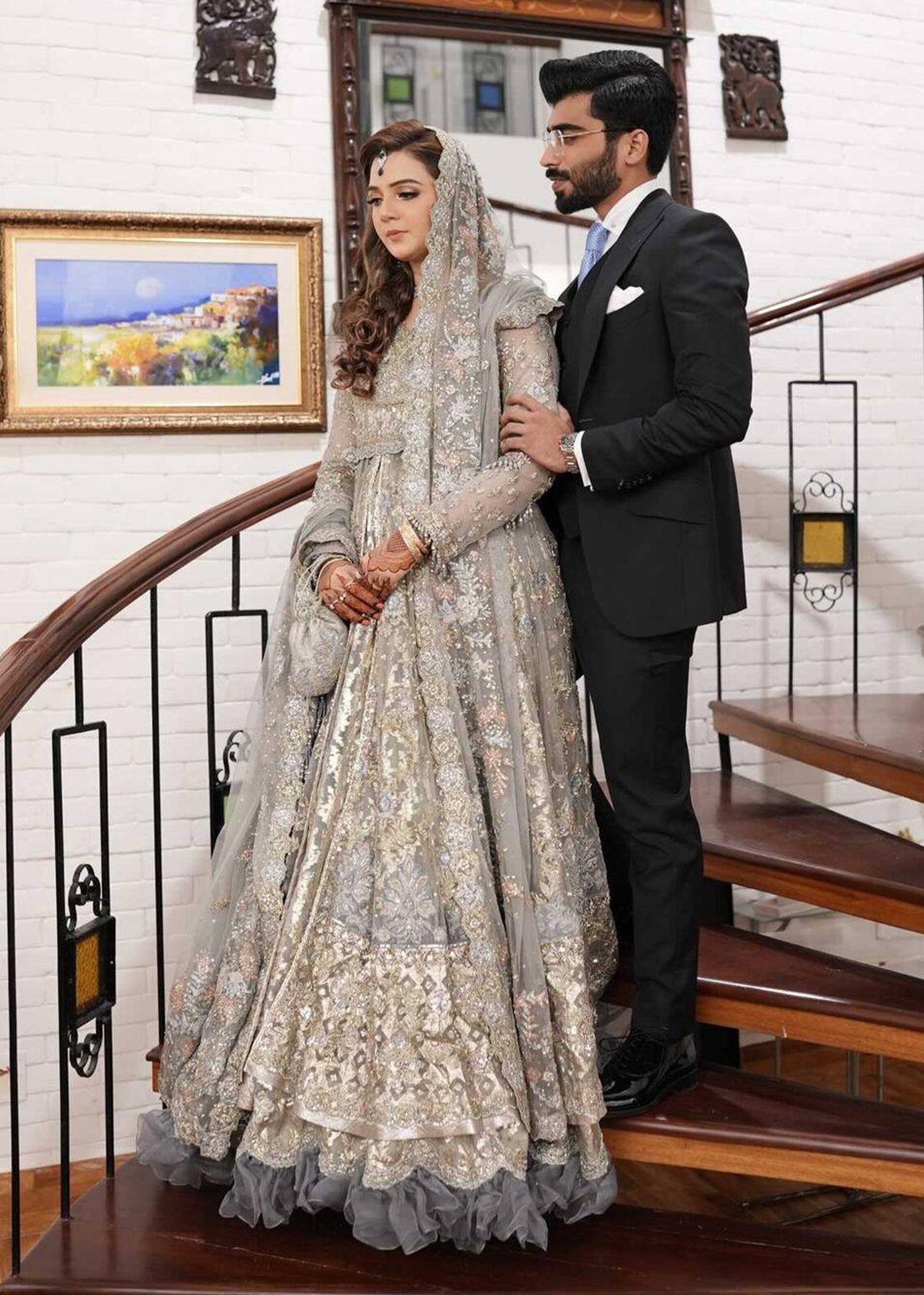 Pakistani Silver Grey Embellished Net Bridal Gown (2-Piece) - Image 19