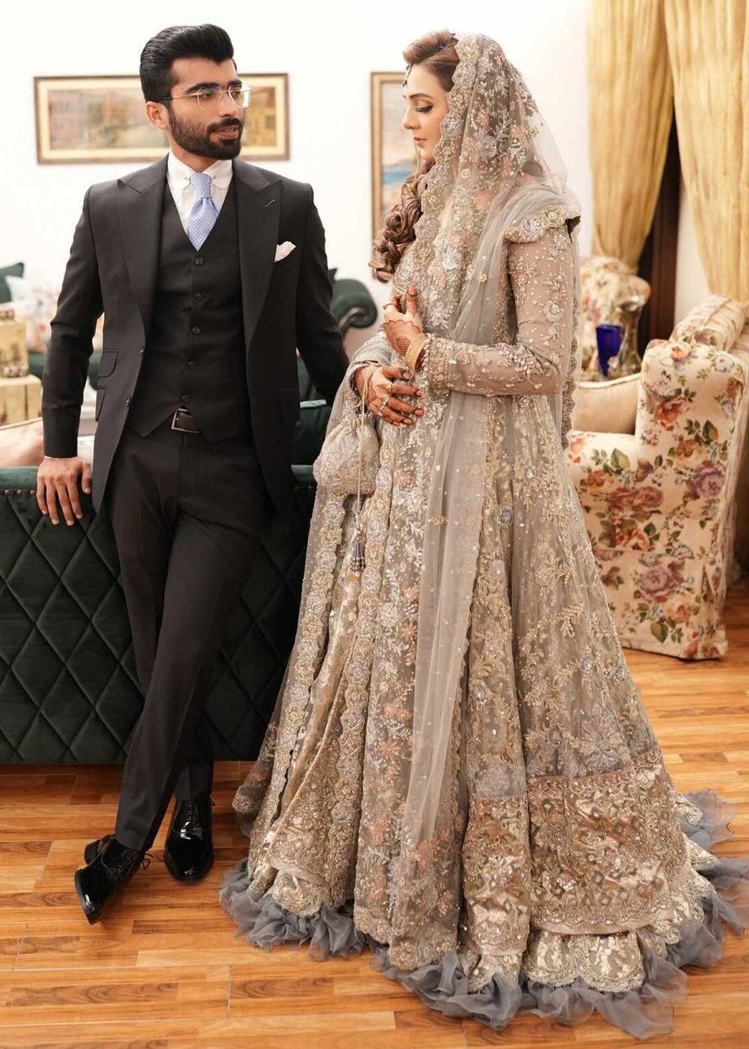 Pakistani Silver Grey Embellished Net Bridal Gown (2-Piece) - Image 2