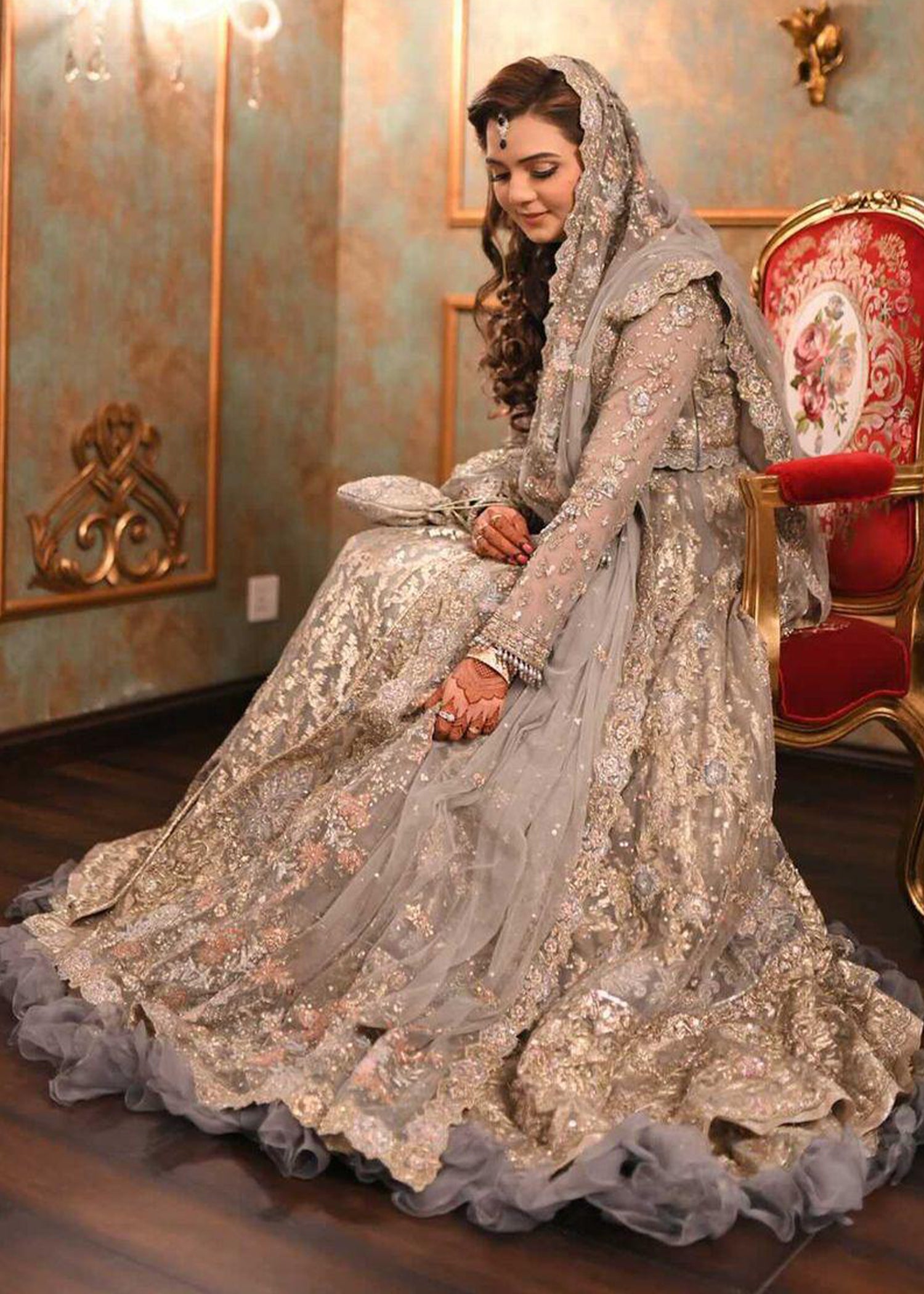 Pakistani Silver Grey Embellished Net Bridal Gown (2-Piece) - Image 20