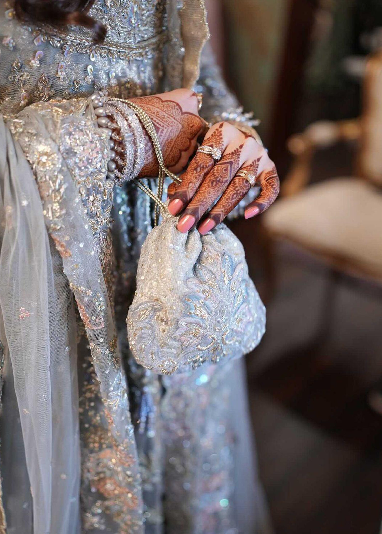 Pakistani Silver Grey Embellished Net Bridal Gown (2-Piece) - Image 21