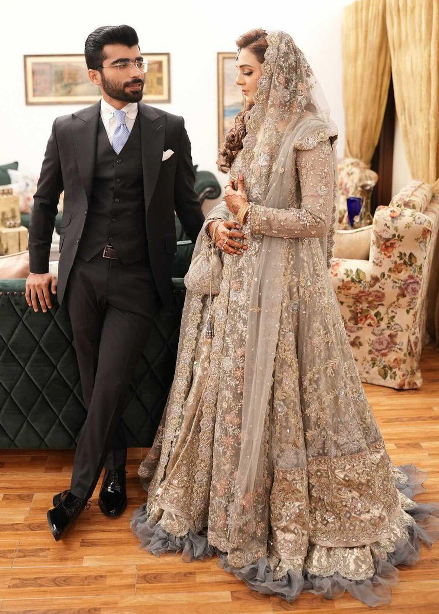 Pakistani Silver Grey Embellished Net Bridal Gown (2-Piece) - Image 23