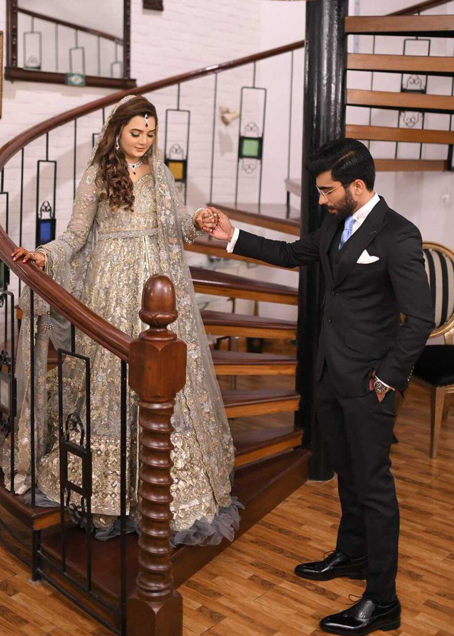 Pakistani Silver Grey Embellished Net Bridal Gown (2-Piece) - Image 24