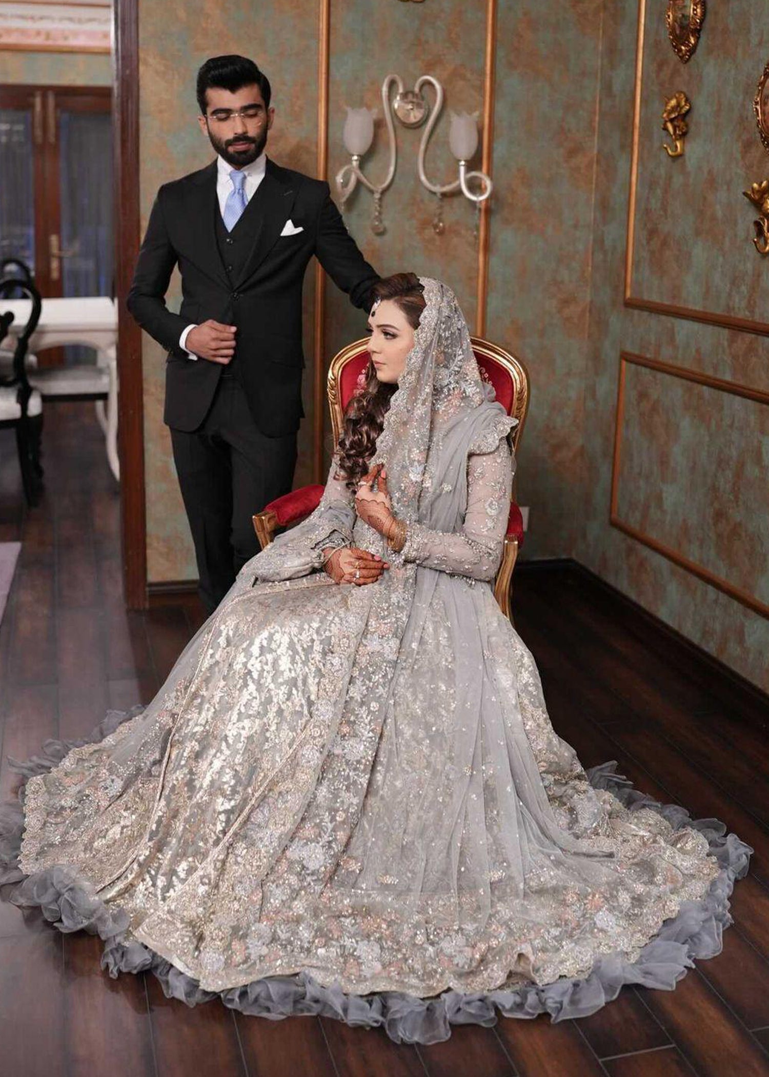 Pakistani Silver Grey Embellished Net Bridal Gown (2-Piece) - Image 25