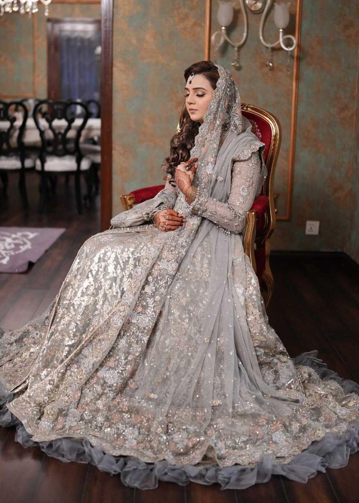 Pakistani Silver Grey Embellished Net Bridal Gown (2-Piece) - Image 26