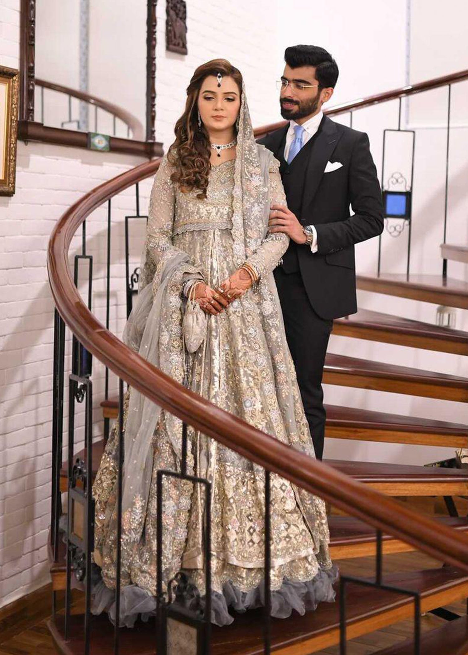 Pakistani Silver Grey Embellished Net Bridal Gown (2-Piece) - Image 27