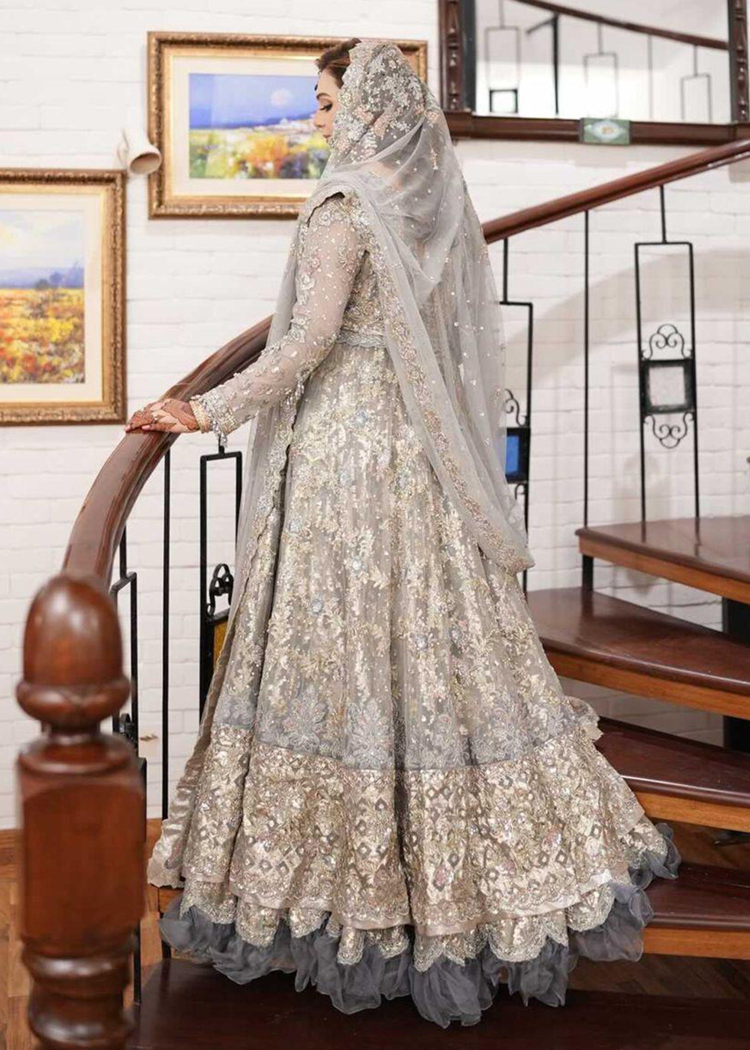 Pakistani Silver Grey Embellished Net Bridal Gown (2-Piece) - Image 28