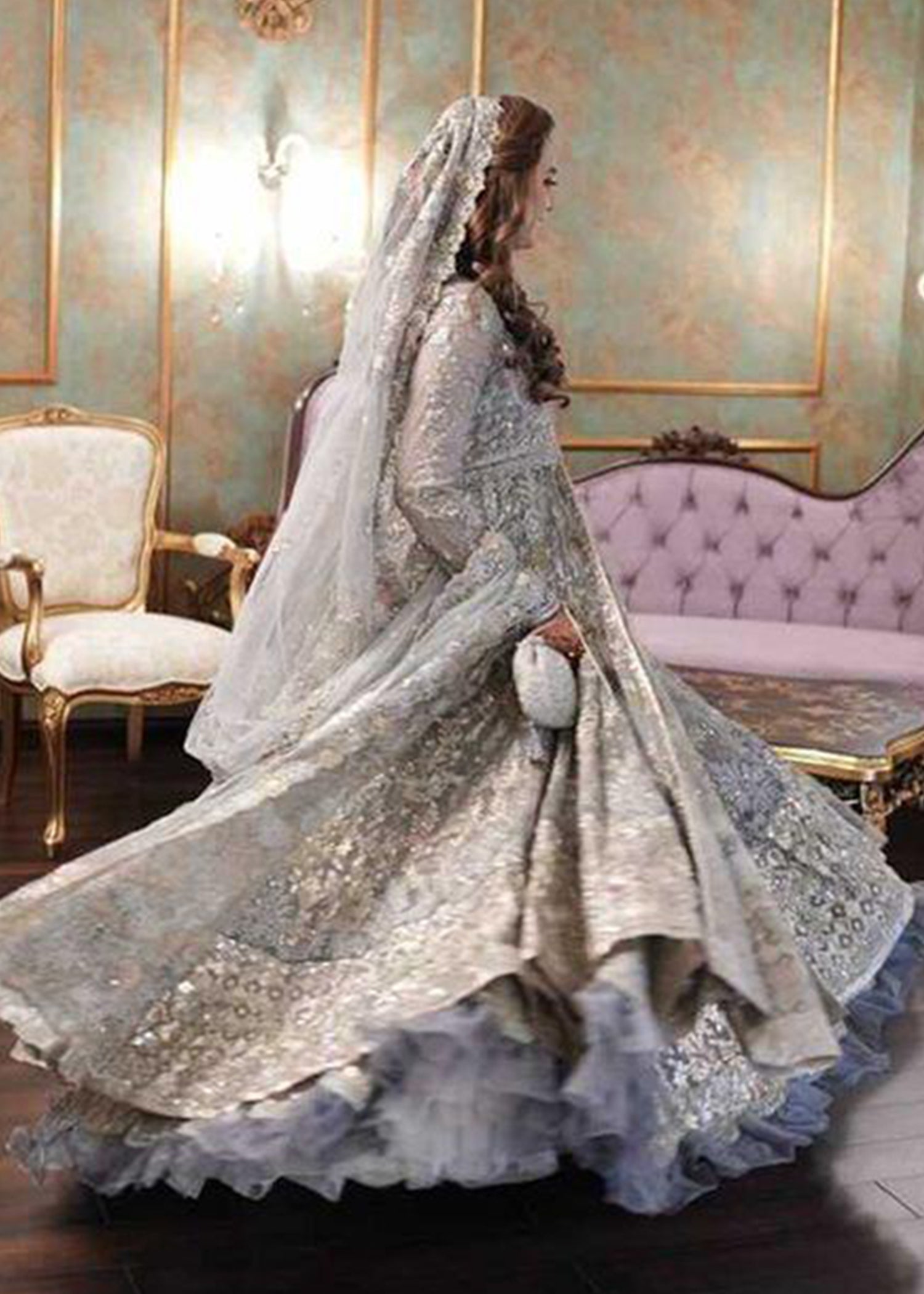 Pakistani Silver Grey Embellished Net Bridal Gown (2-Piece) - Image 3