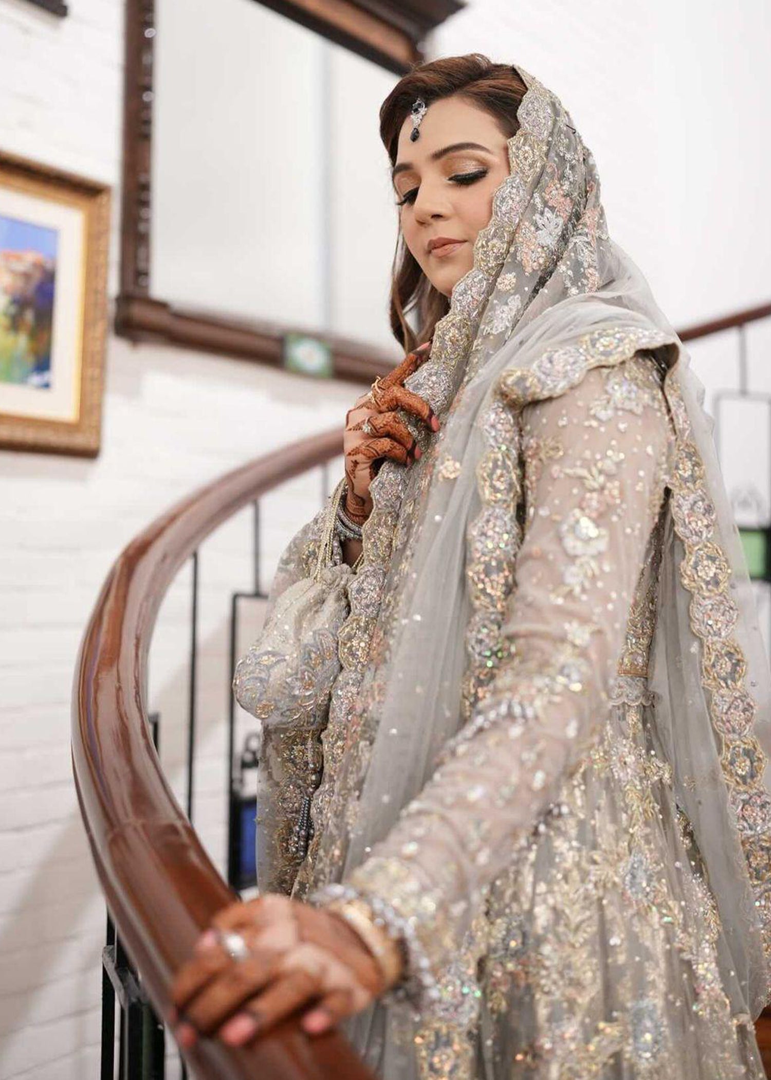 Pakistani Silver Grey Embellished Net Bridal Gown (2-Piece) - Image 30