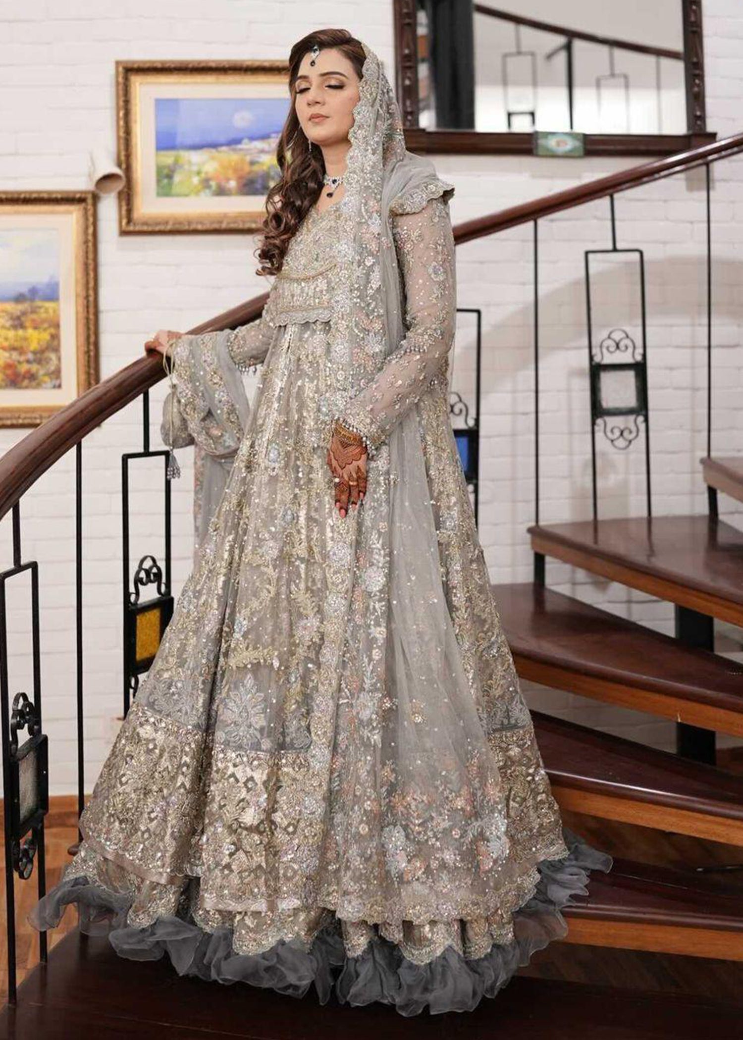 Pakistani Silver Grey Embellished Net Bridal Gown (2-Piece) - Image 31