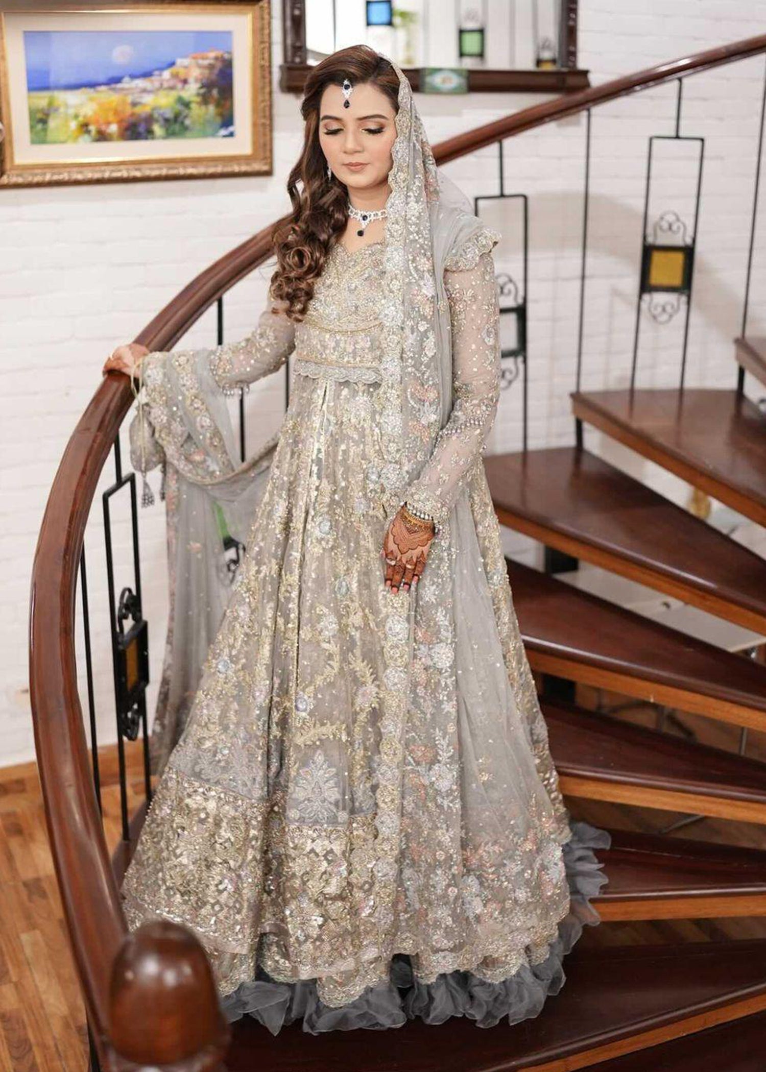 Pakistani Silver Grey Embellished Net Bridal Gown (2-Piece) - Image 32