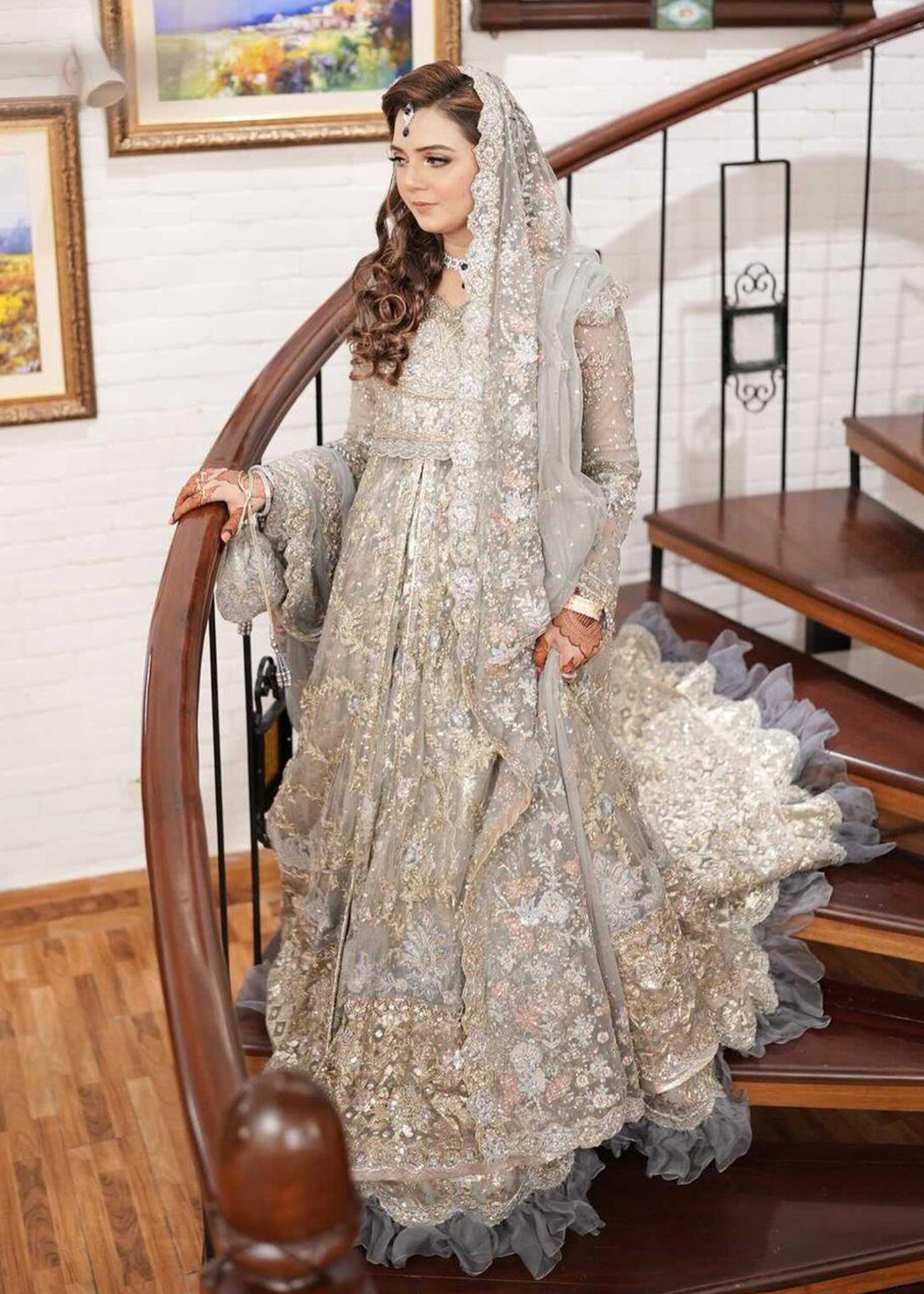 Pakistani Silver Grey Embellished Net Bridal Gown (2-Piece) - Image 33