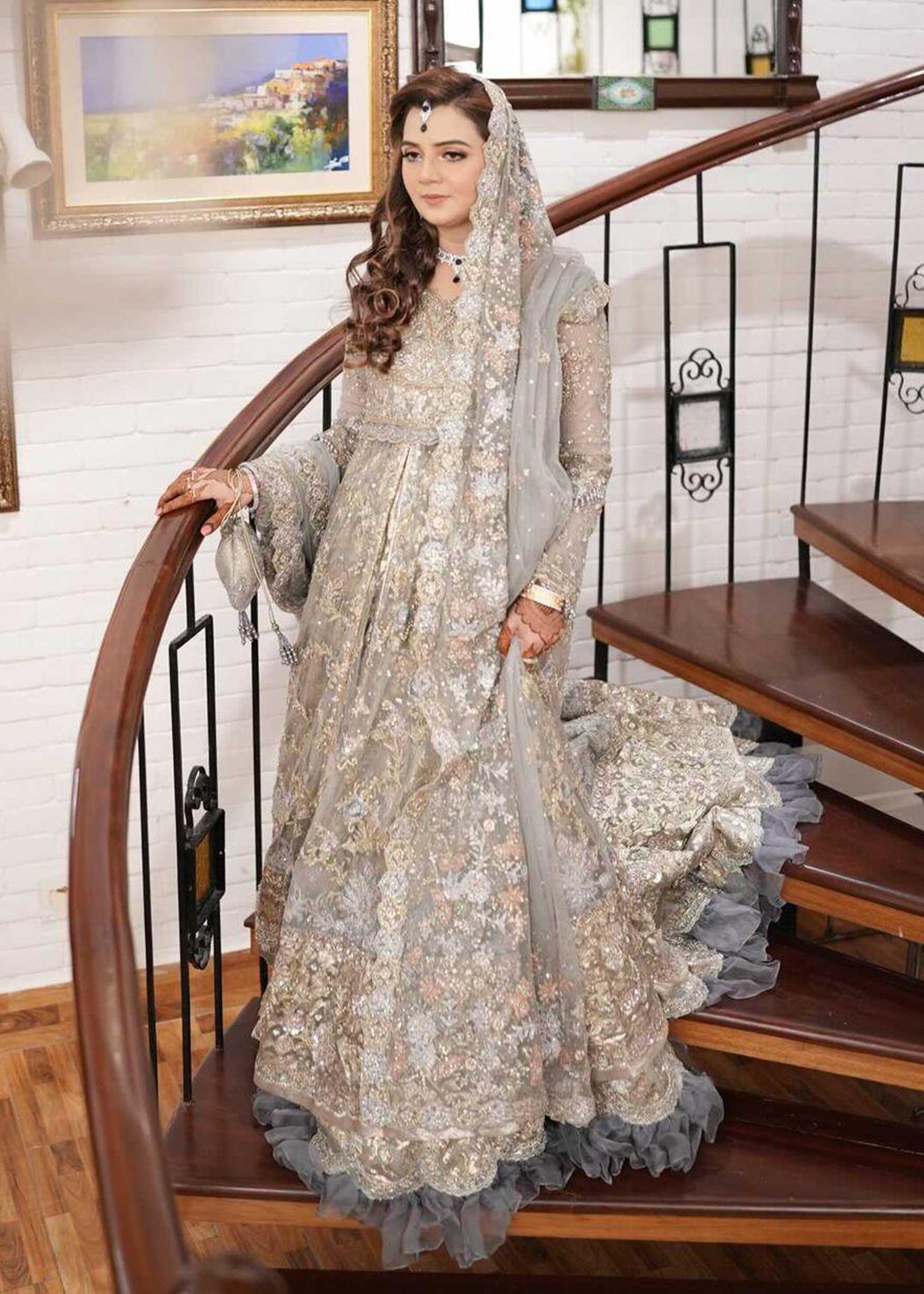 Pakistani Silver Grey Embellished Net Bridal Gown (2-Piece) - Image 34