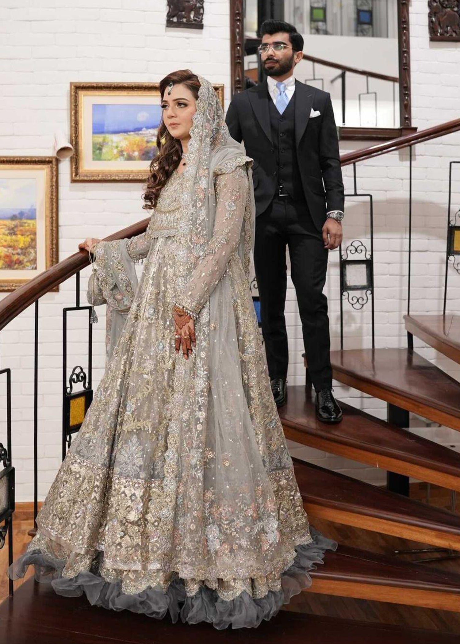 Pakistani Silver Grey Embellished Net Bridal Gown (2-Piece) - Image 35