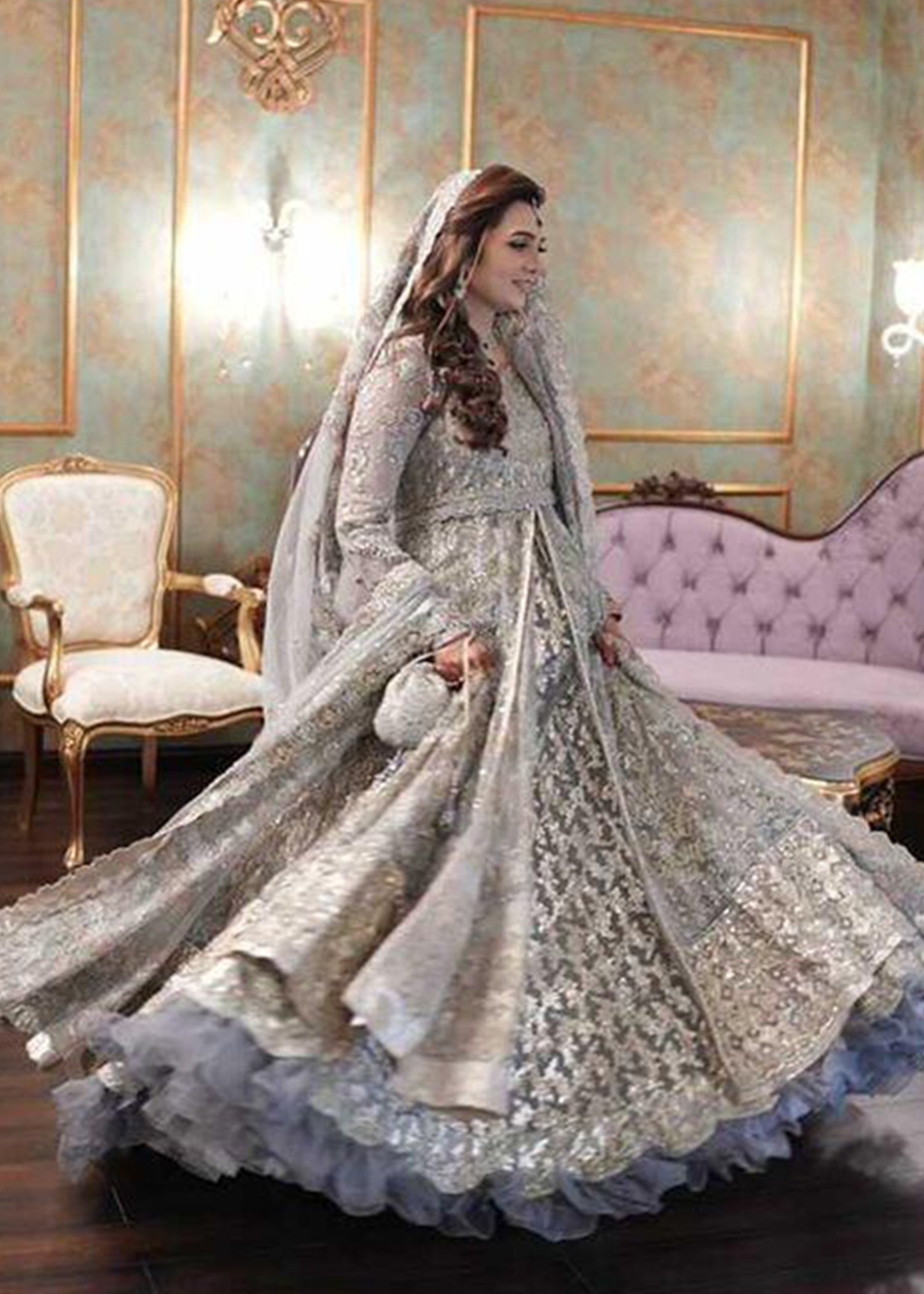 Pakistani Silver Grey Embellished Net Bridal Gown (2-Piece) - Image 4