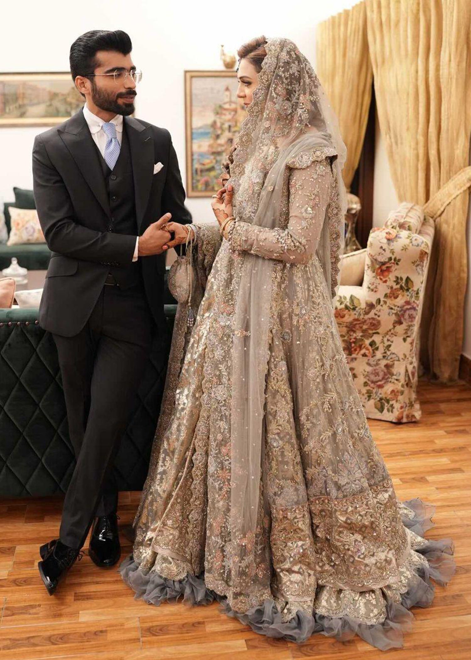 Pakistani Silver Grey Embellished Net Bridal Gown (2-Piece) - Image 5