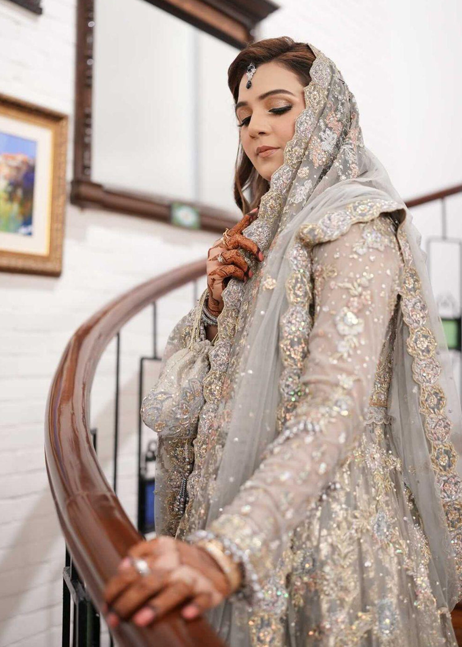 Pakistani Silver Grey Embellished Net Bridal Gown (2-Piece) - Image 6