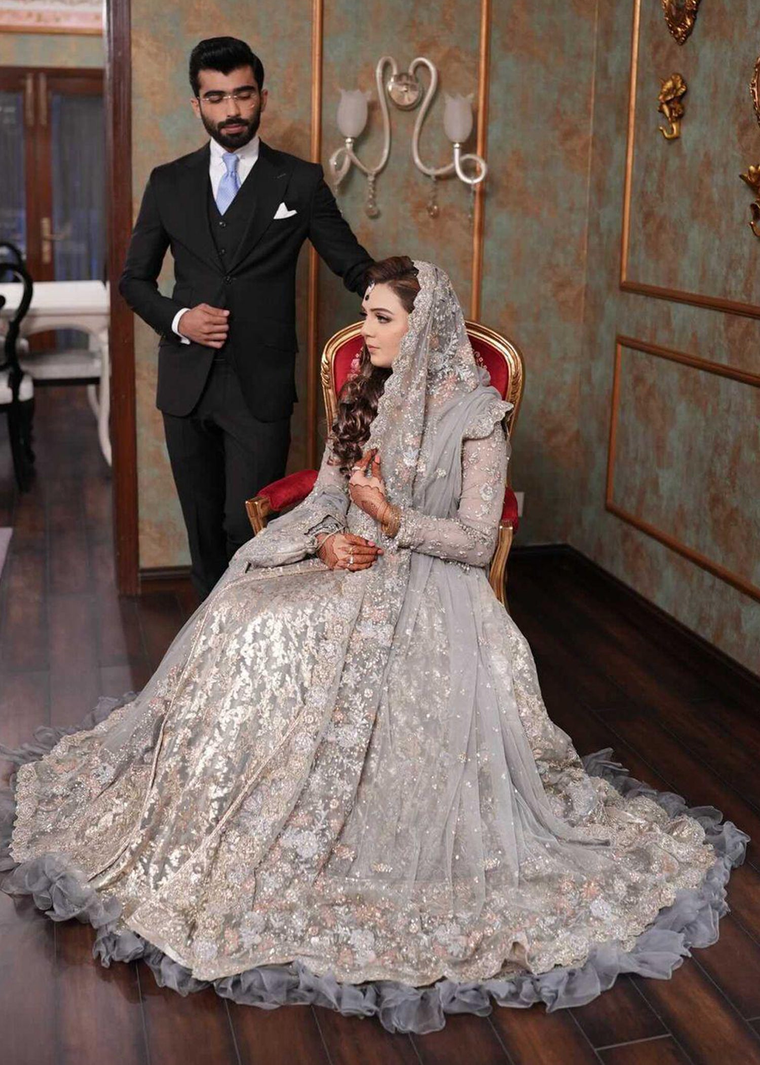 Pakistani Silver Grey Embellished Net Bridal Gown (2-Piece) - Image 7