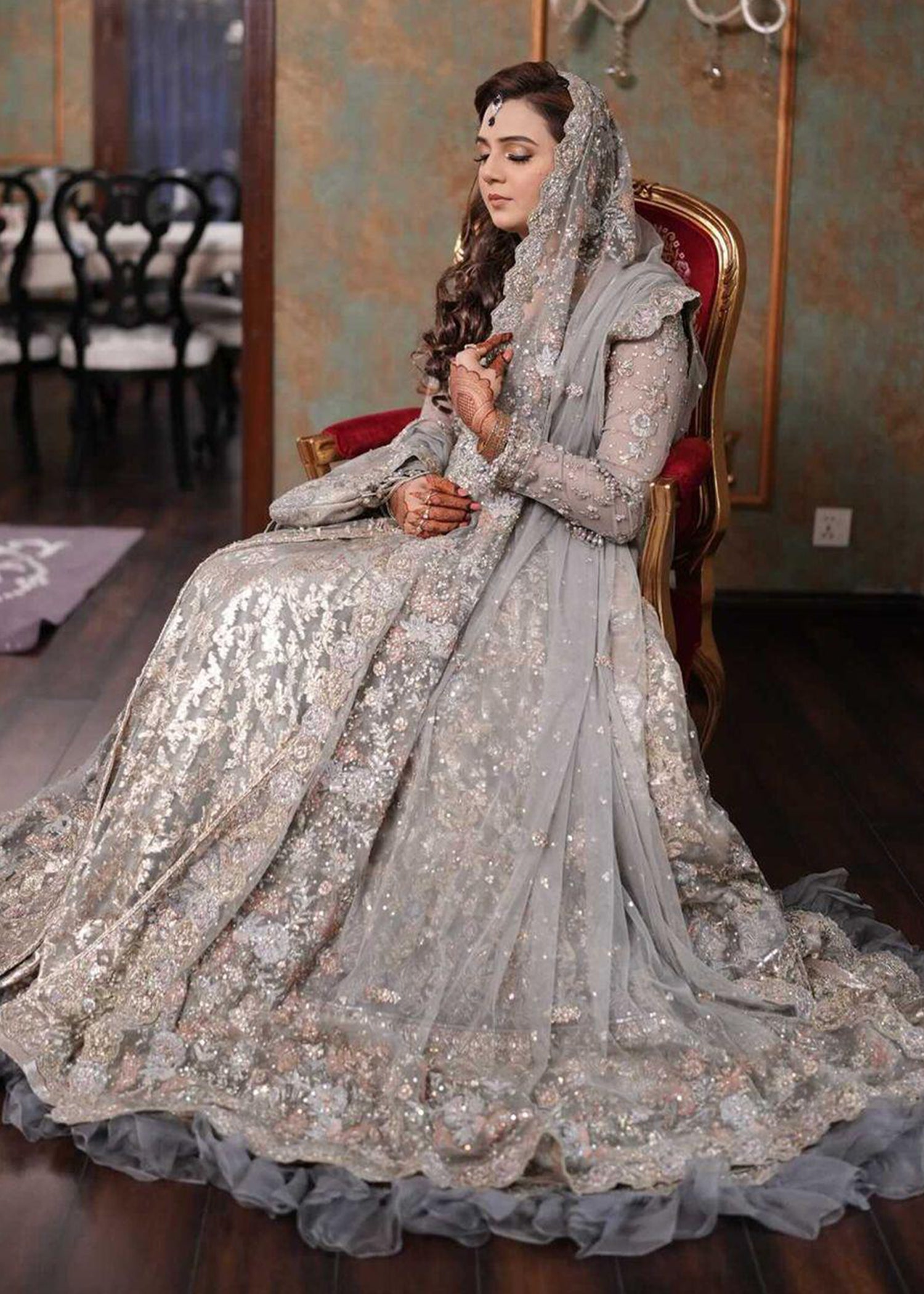 Pakistani Silver Grey Embellished Net Bridal Gown (2-Piece) - Image 8
