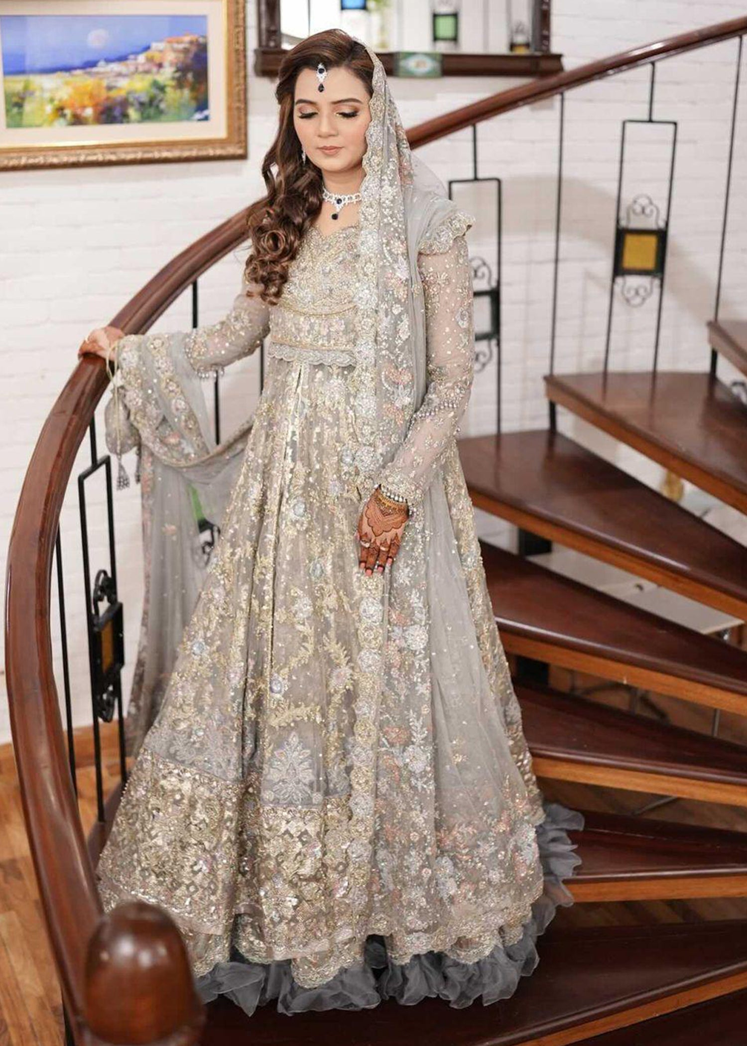 Pakistani Silver Grey Embellished Net Bridal Gown (2-Piece) - Image 9