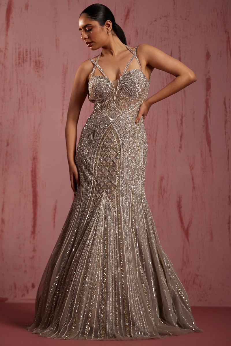 Indian Silver Embroidered Net Mermaid Gown (1-Pc) - Image 1