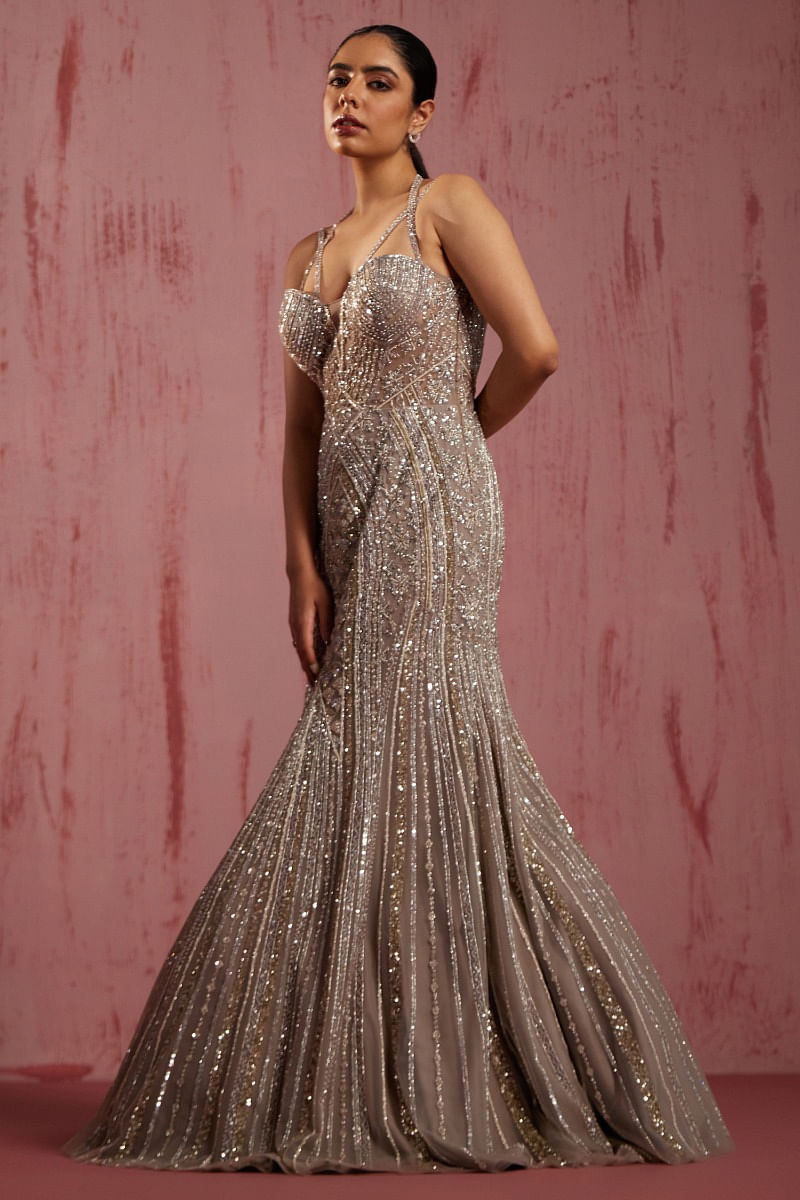 Indian Silver Embroidered Net Mermaid Gown (1-Pc) - Image 2