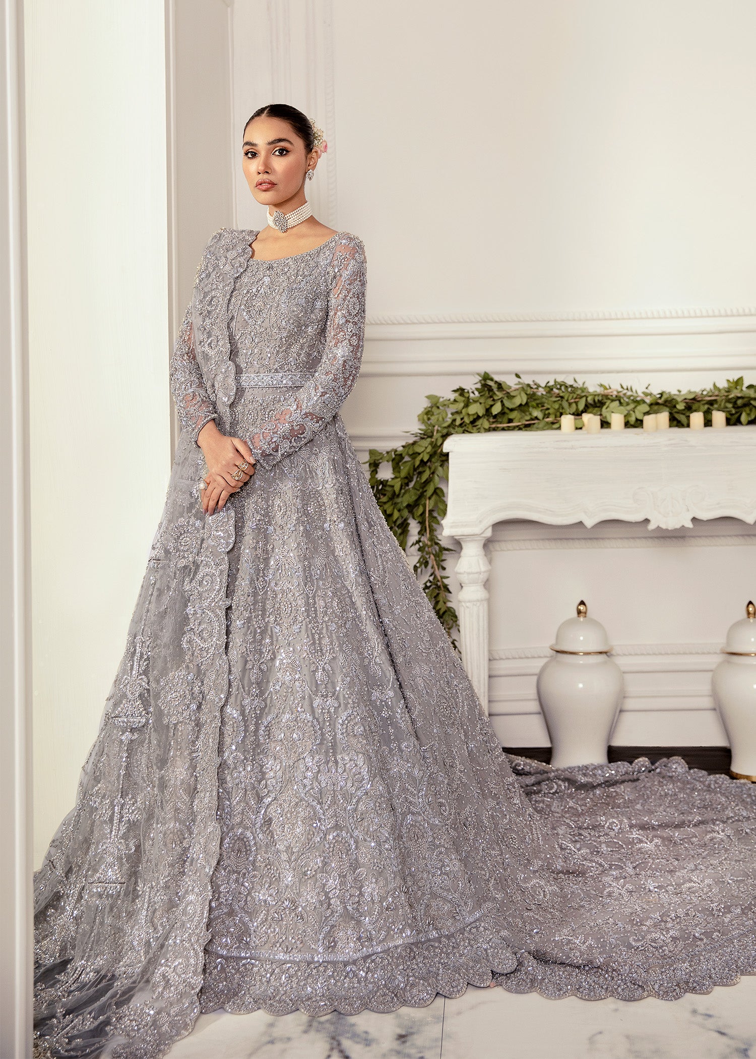 Pakistani Silver Grey Embellished Net Bridal Gown (2-Piece) - Image 1