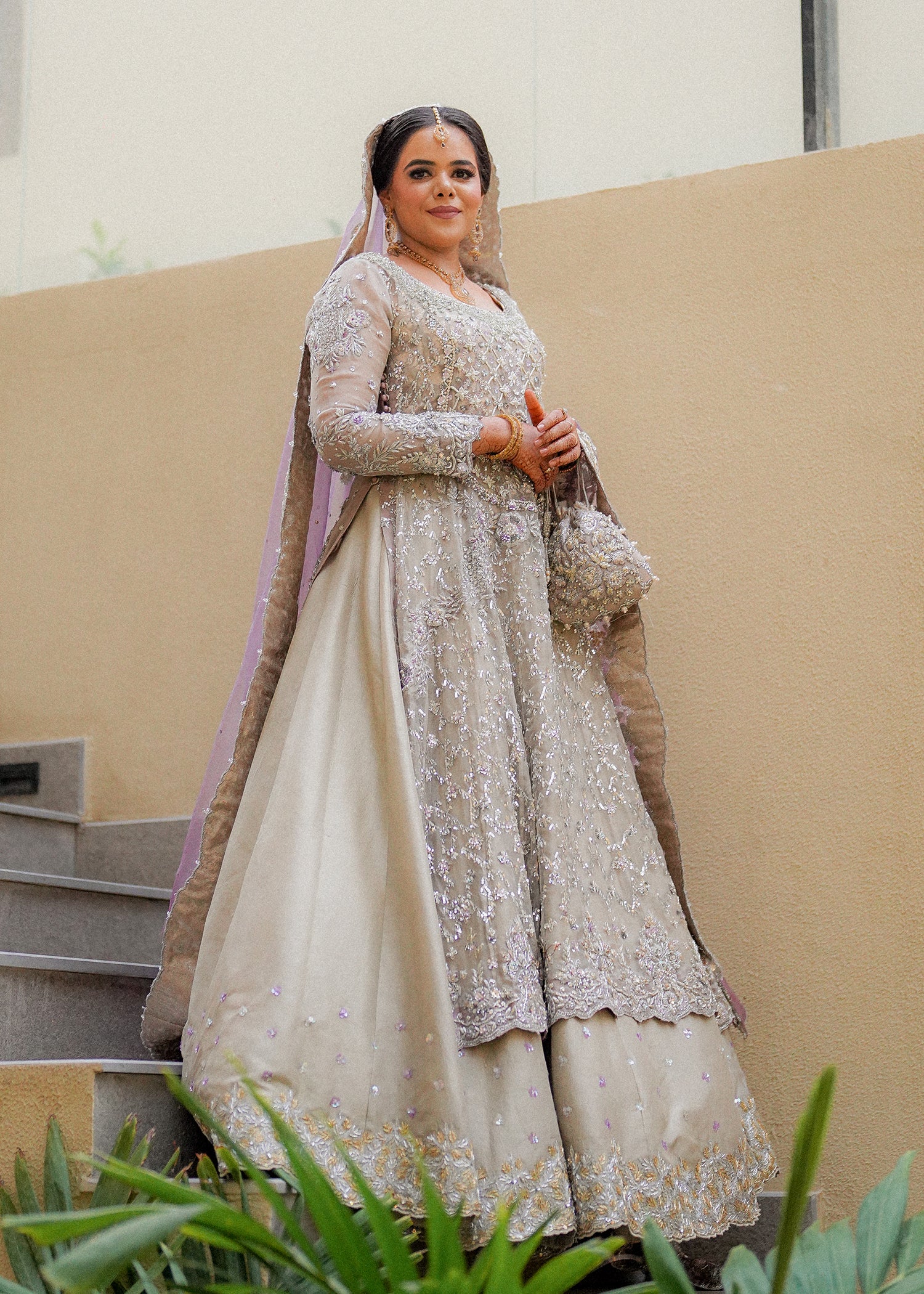 Pakistani Silver Grey Embellished Net Bridal Gown (2-Piece) - Image 2