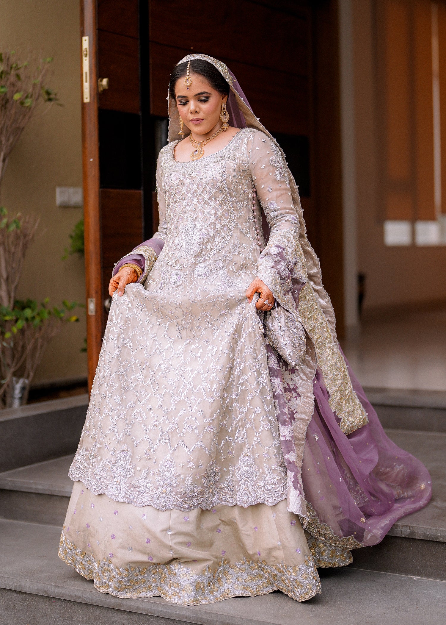 Pakistani Silver Grey Embellished Net Bridal Gown (2-Piece) - Image 5