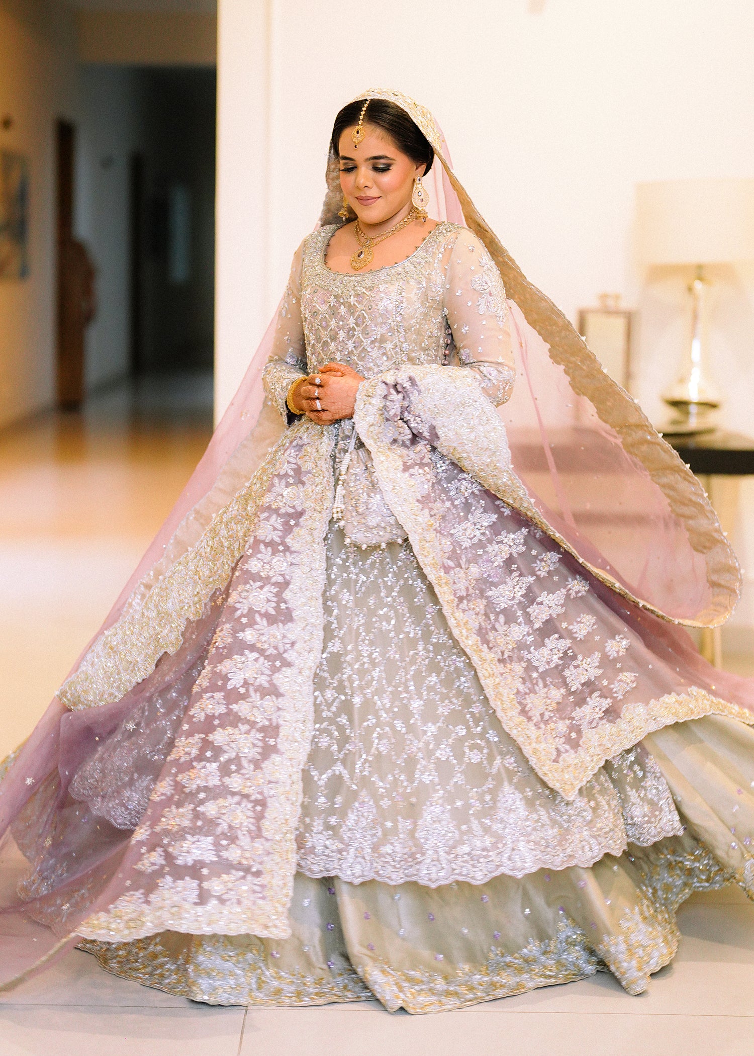 Pakistani Silver Grey Embellished Net Bridal Gown (2-Piece) - Image 6