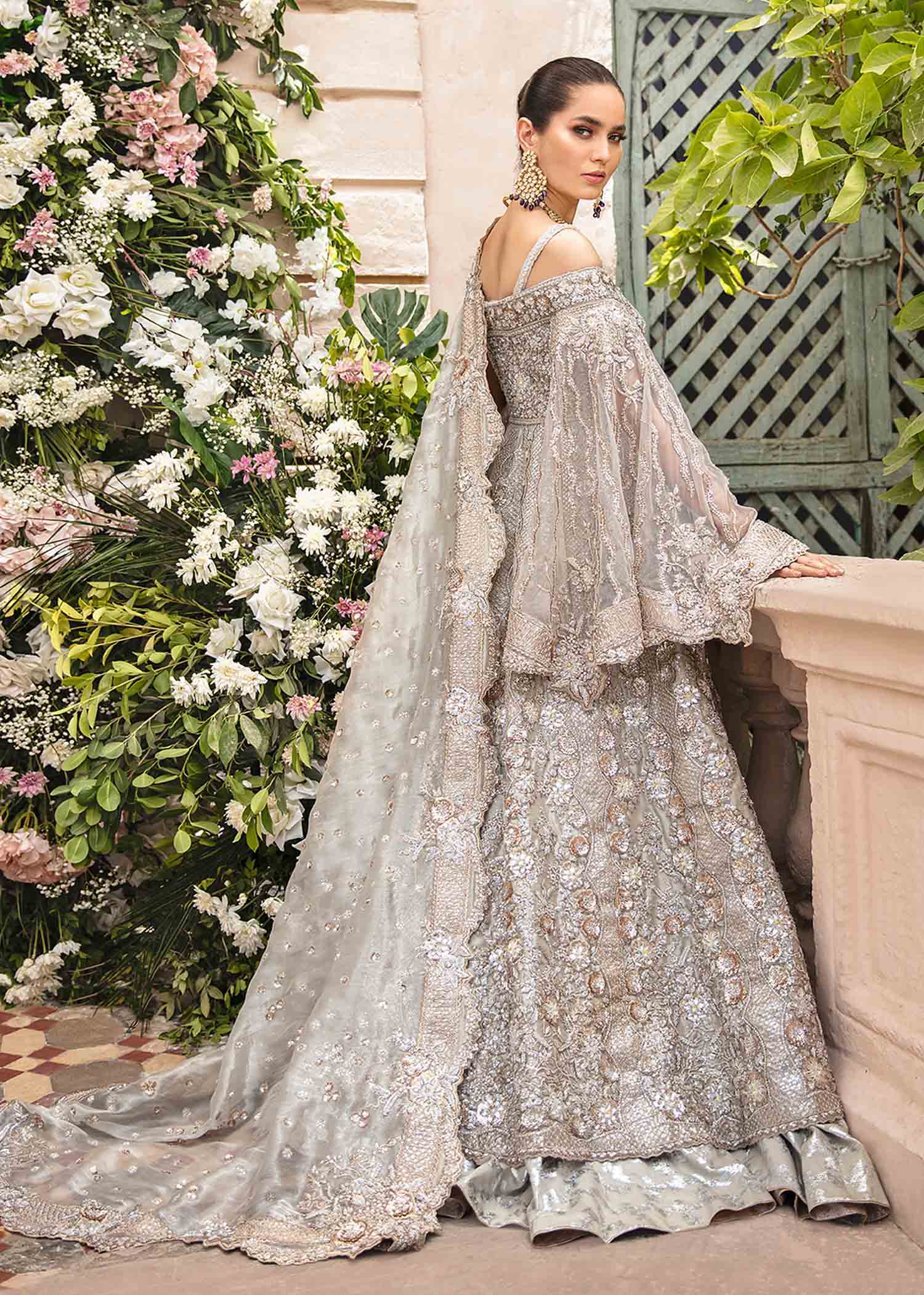 Silver Grey Embellished Net Bridal Gown (2-Piece) - Image 2