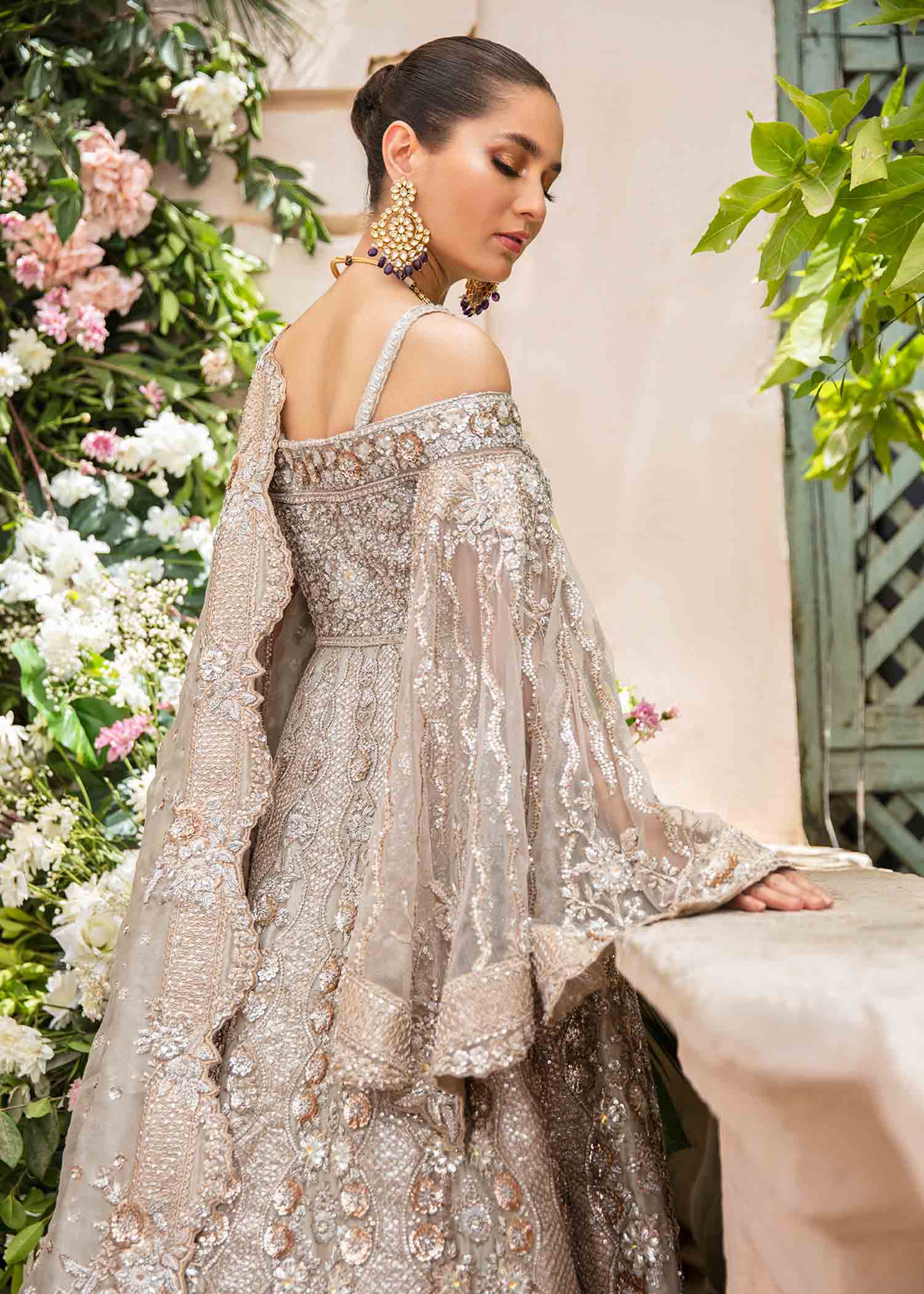 Silver Grey Embellished Net Bridal Gown (2-Piece) - Image 3