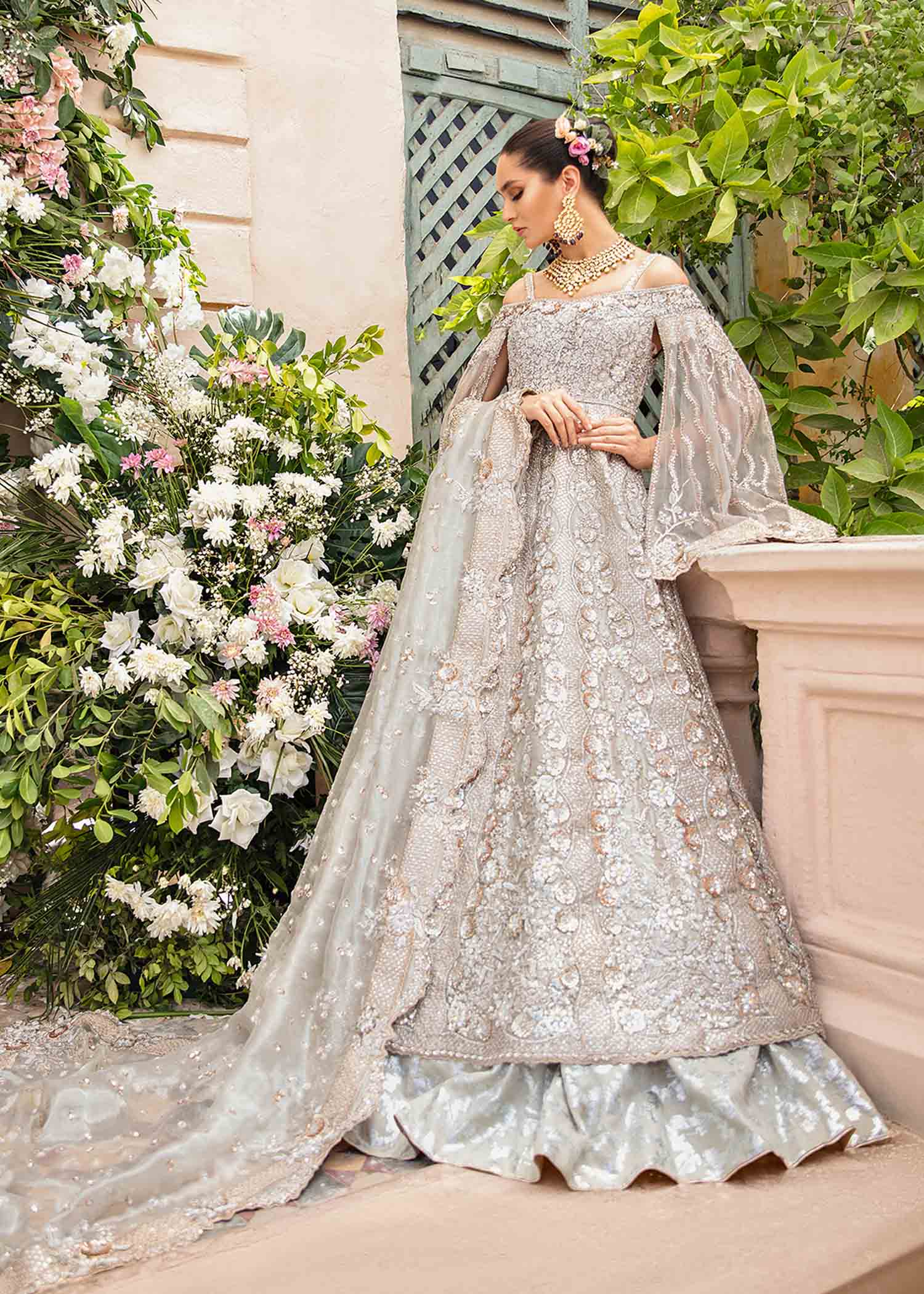 Pakistani Silver Grey Embellished Net Bridal Gown (2-Piece) - Image 1