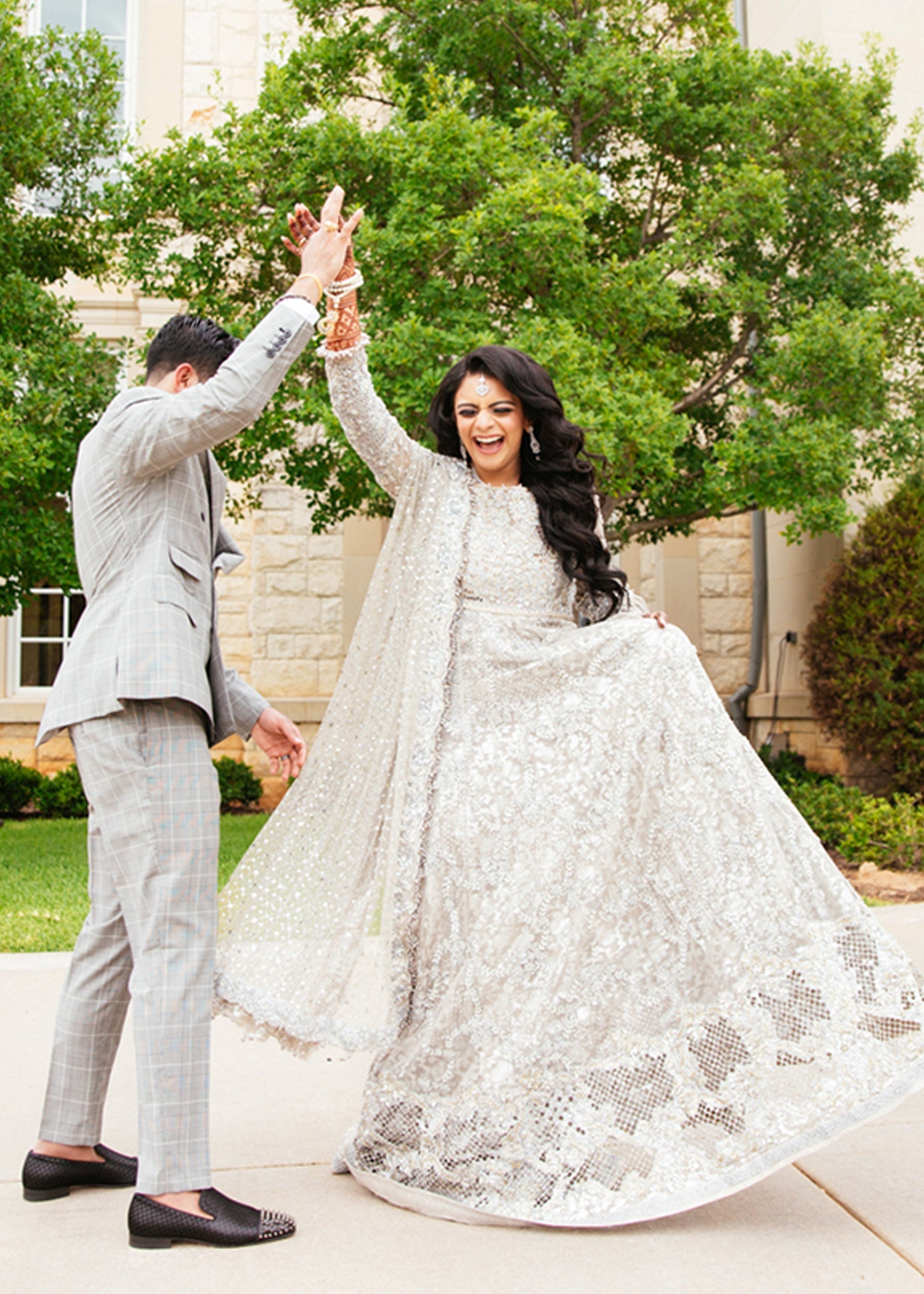 Pakistani Silver Embellished Net Bridal Gown (2-Piece) - Image 1