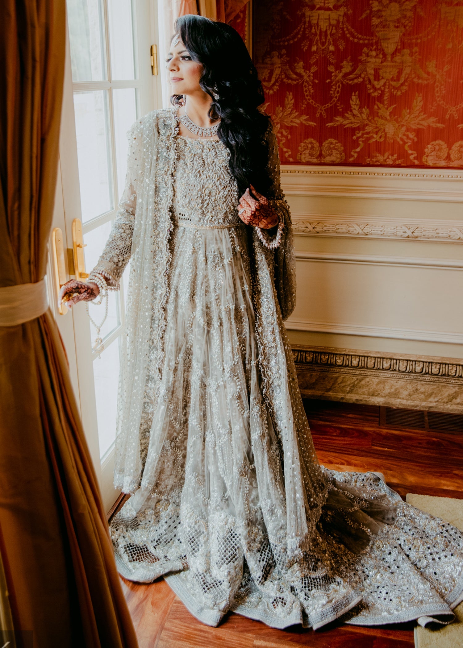 Pakistani Silver Embellished Net Bridal Gown (2-Piece) - Image 6