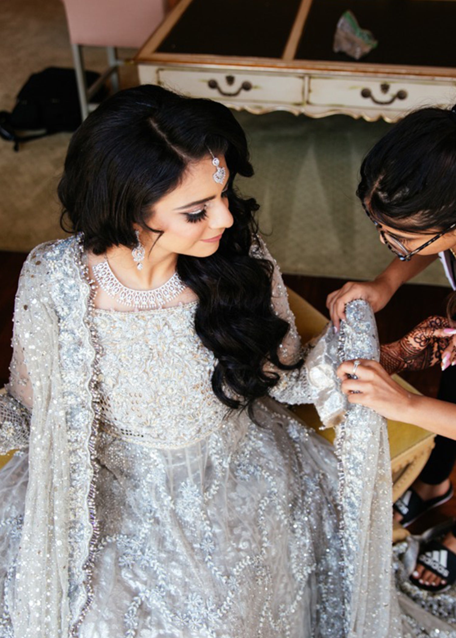 Pakistani Silver Embellished Net Bridal Gown (2-Piece) - Image 8