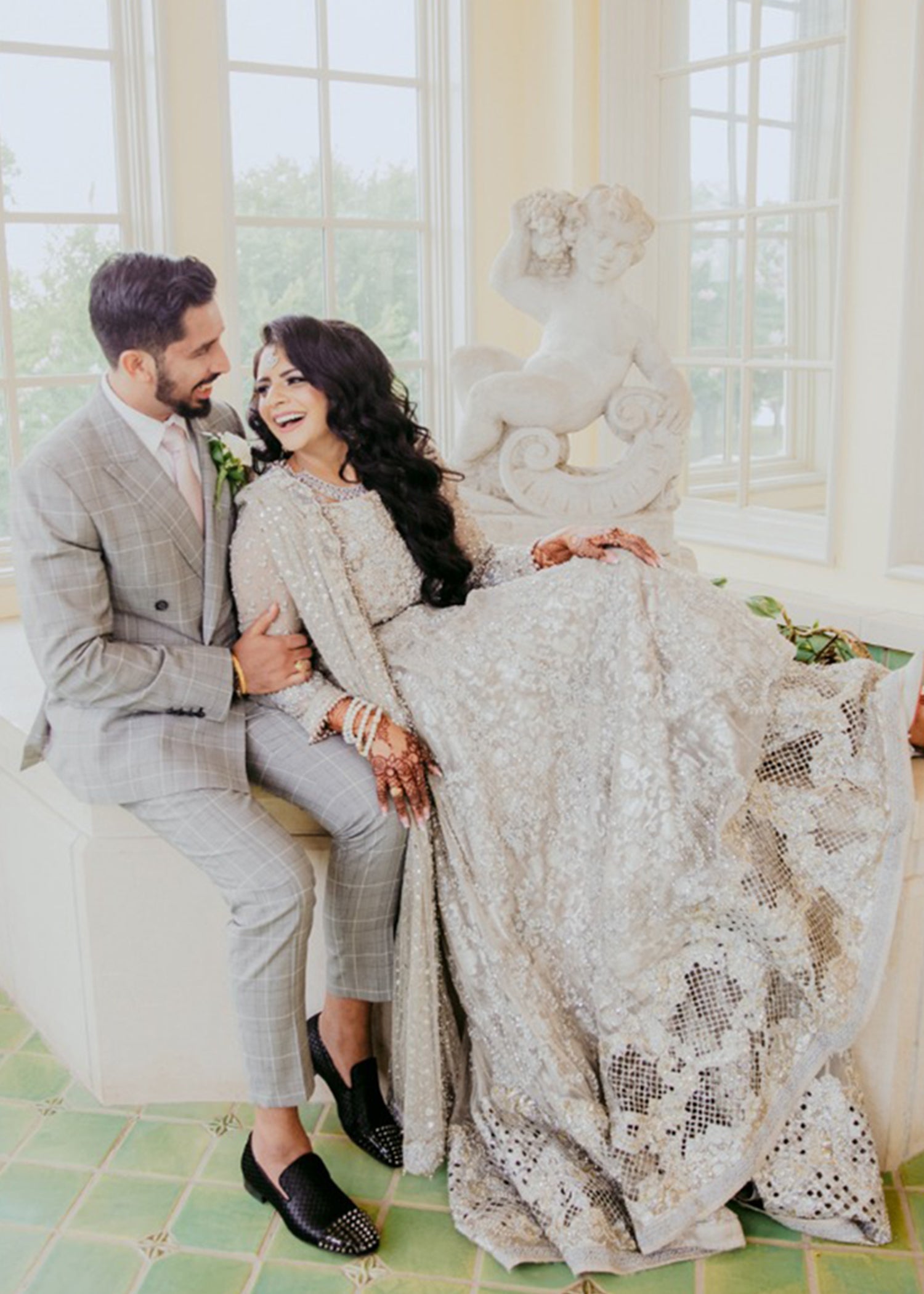 Pakistani Silver Embellished Net Bridal Gown (2-Piece) - Image 9