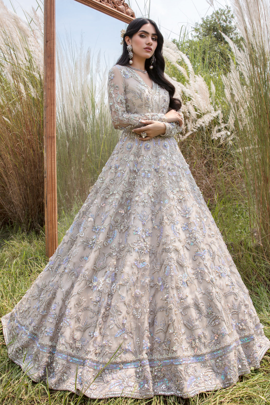 Indian Silver Grey Embellished Net Bridal Gown (2-Piece) - Image 1