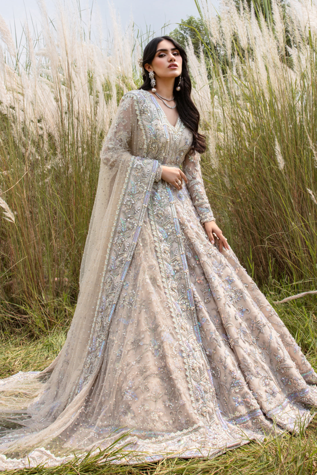 Indian Silver Grey Embellished Net Bridal Gown (2-Piece) - Image 2