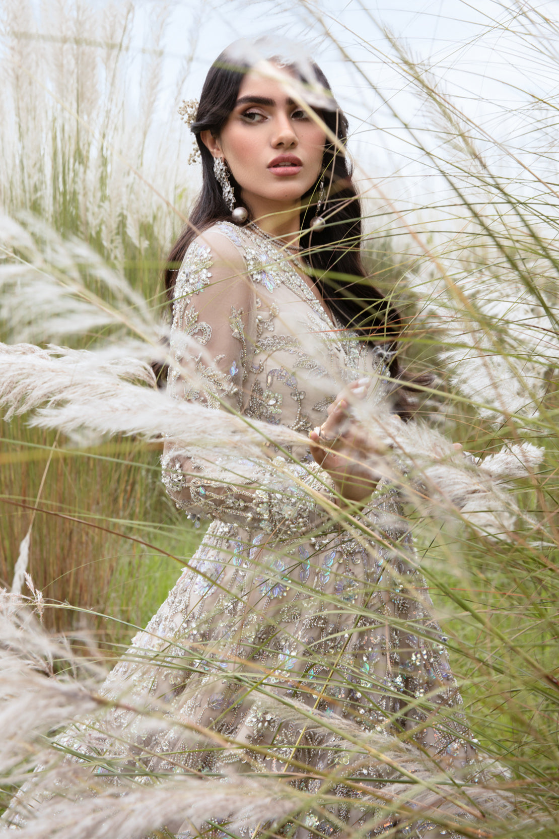 Indian Silver Grey Embellished Net Bridal Gown (2-Piece) - Image 3