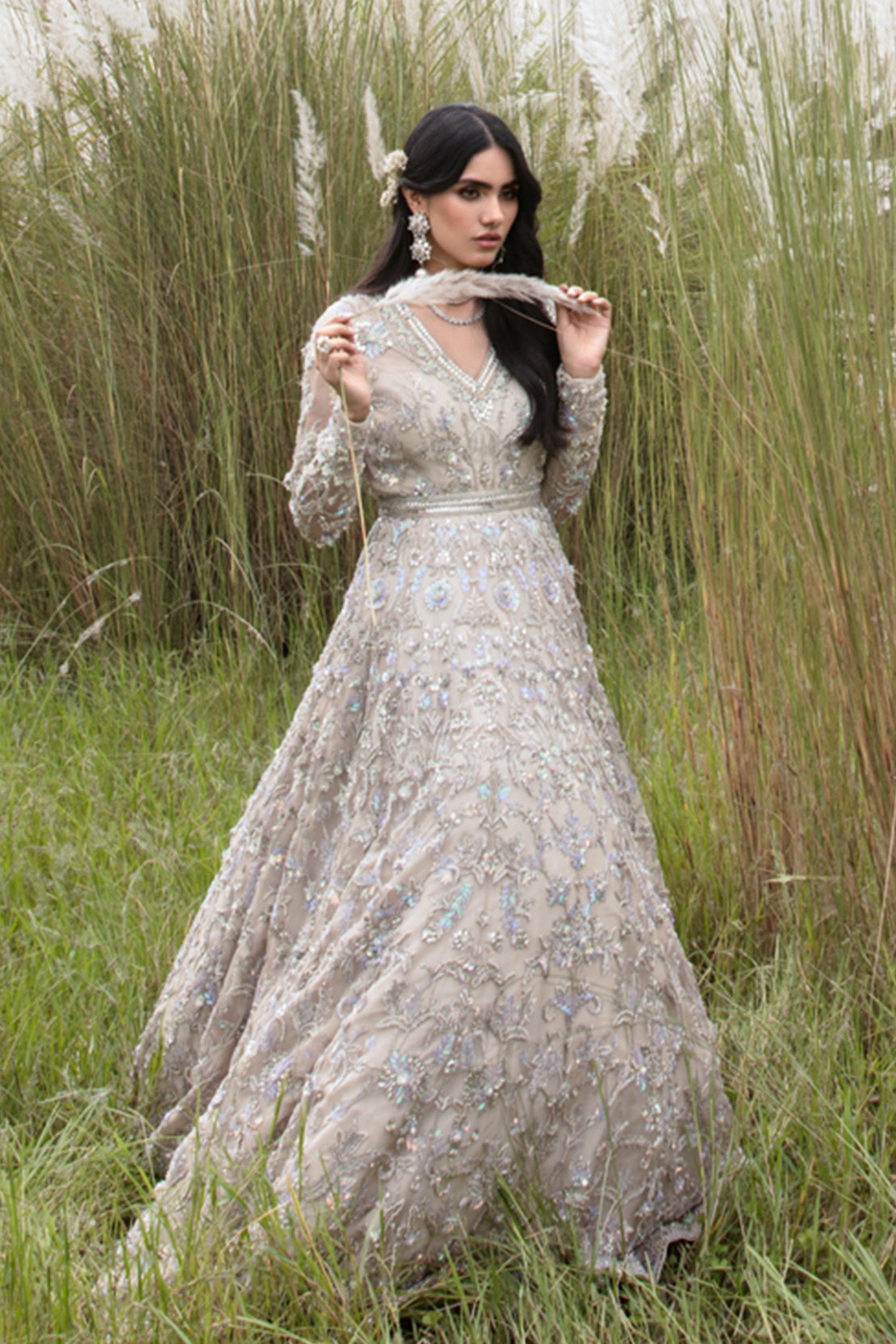 Indian Silver Grey Embellished Net Bridal Gown (2-Piece) - Image 4