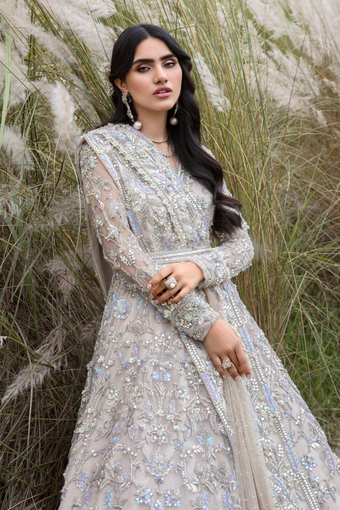 Indian Silver Grey Embellished Net Bridal Gown (2-Piece) - Image 5