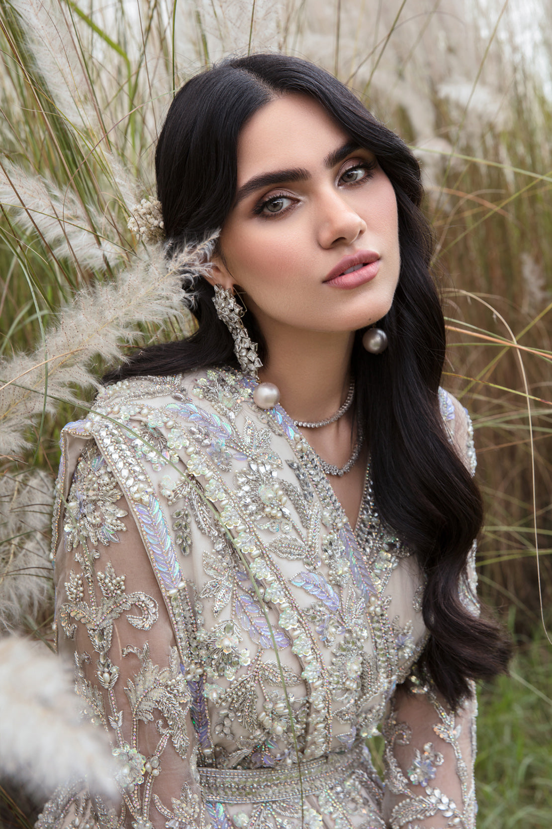 Indian Silver Grey Embellished Net Bridal Gown (2-Piece) - Image 7