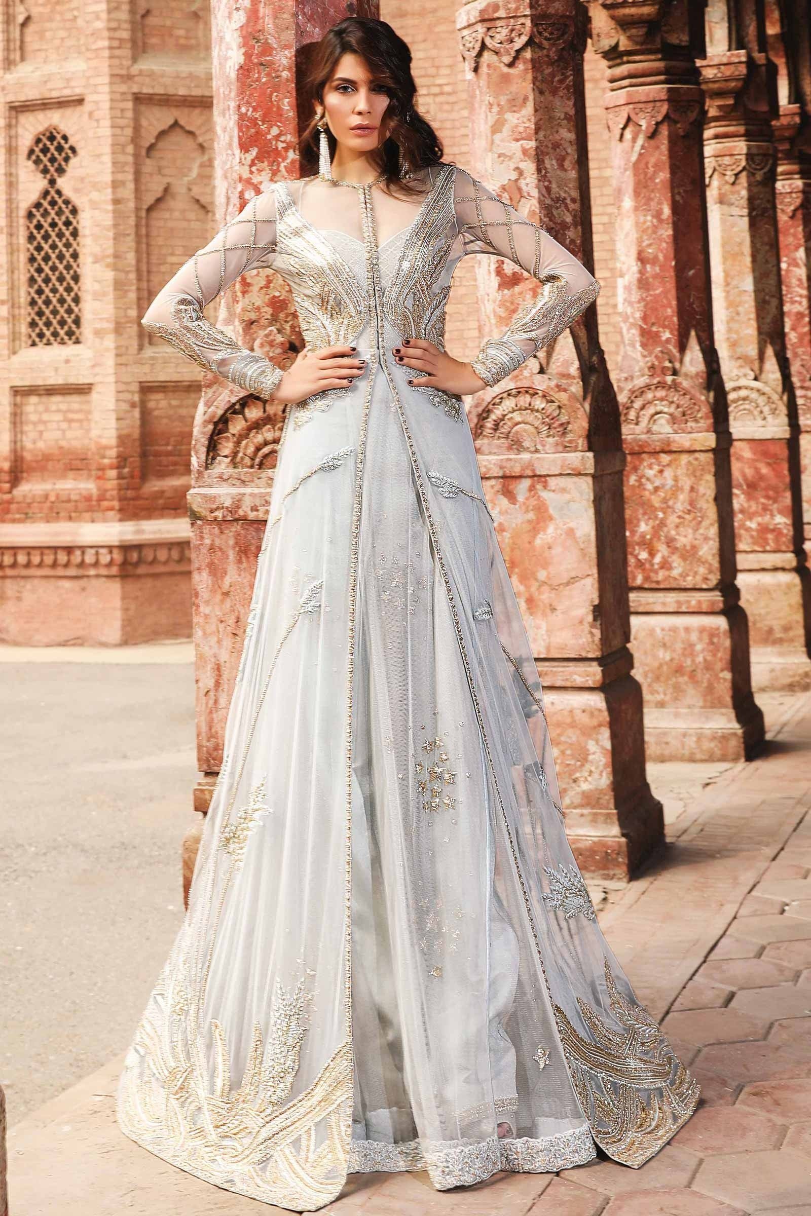 Silver Embroidered Net Silk Gown (2-Piece) - Image 1