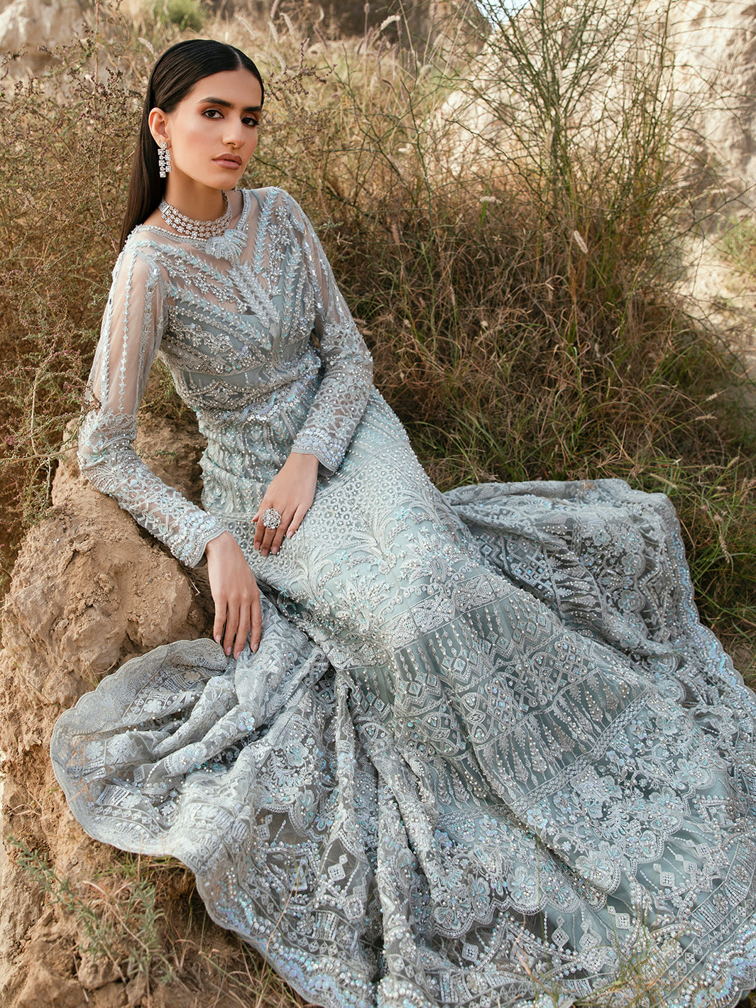 Pakistani Misty Silver Embroidered Net Bridal Maxi (2-Piece) - Image 1