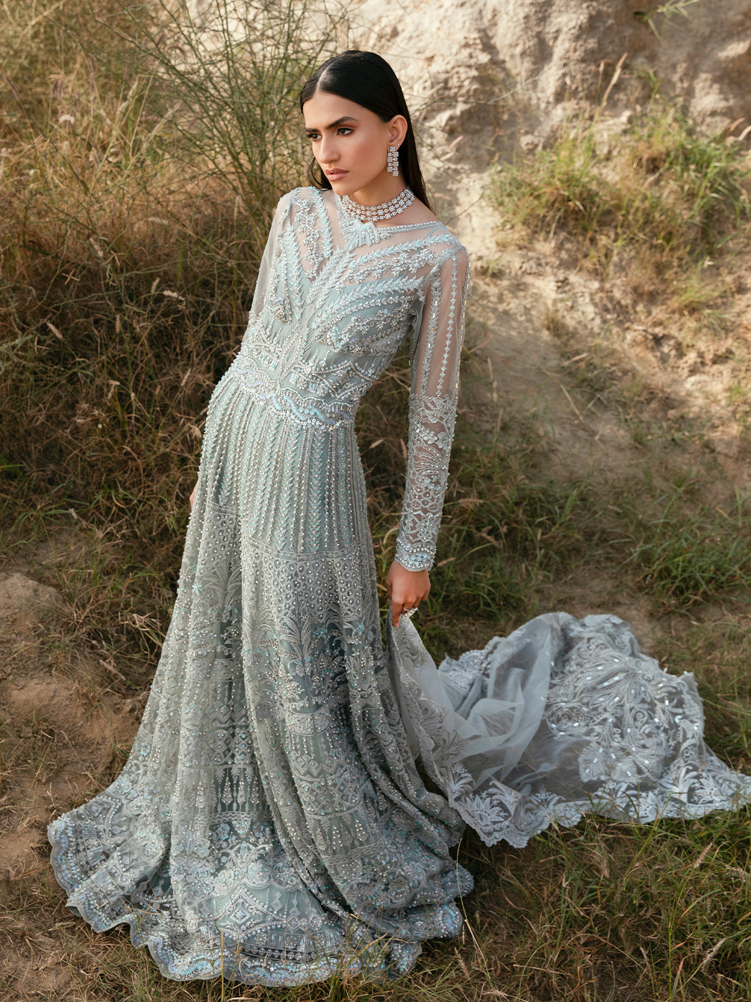 Pakistani Misty Silver Embroidered Net Bridal Maxi (2-Piece) - Image 3